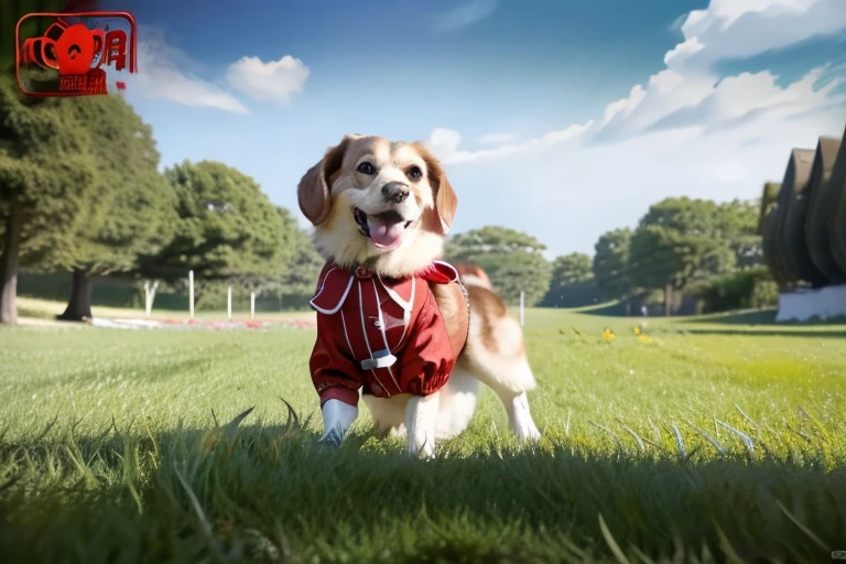   bard's view,  looking at viewer,  Male Go－Luden Red River－is running、Wearing a collar、Being on the lawn, 
