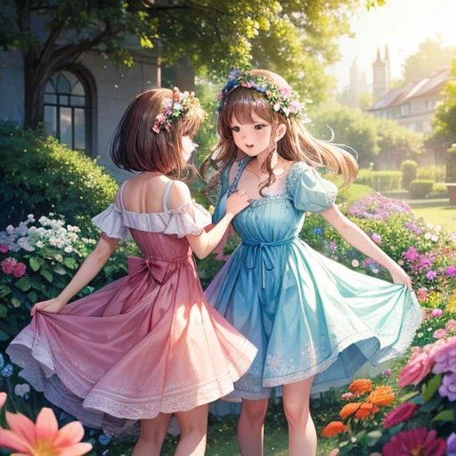 In the garden full of flowers, Under the sunlight, Girls in floral dresses are dancing