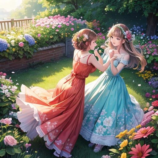 In the garden full of flowers, Under the sunlight, Girls in floral dresses are dancing