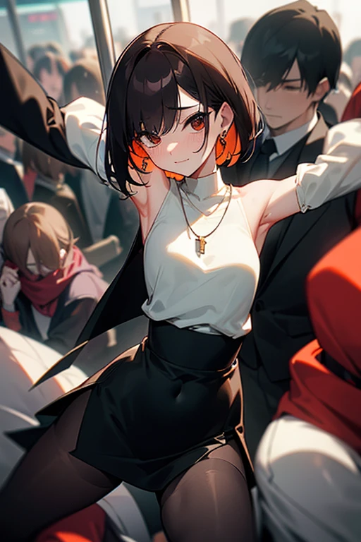 Brown short bob、Sleeveless white sweater、wearing a black jacket、Flared sleeves、Tight Skirt、Black Stockings、necklace、Extremely crowded train、There are a lot of people crowded together、Disheveled clothes、Your cheeks are red、slender、Curved waist、slender、Beautiful clavicle、There are a lot of people and they are close to each other、Flickering、Sexy、Belly button、Earrings、Color mesh on hair、Sweaty、hot、Grabbing your arms or shoulders、Spread your legs