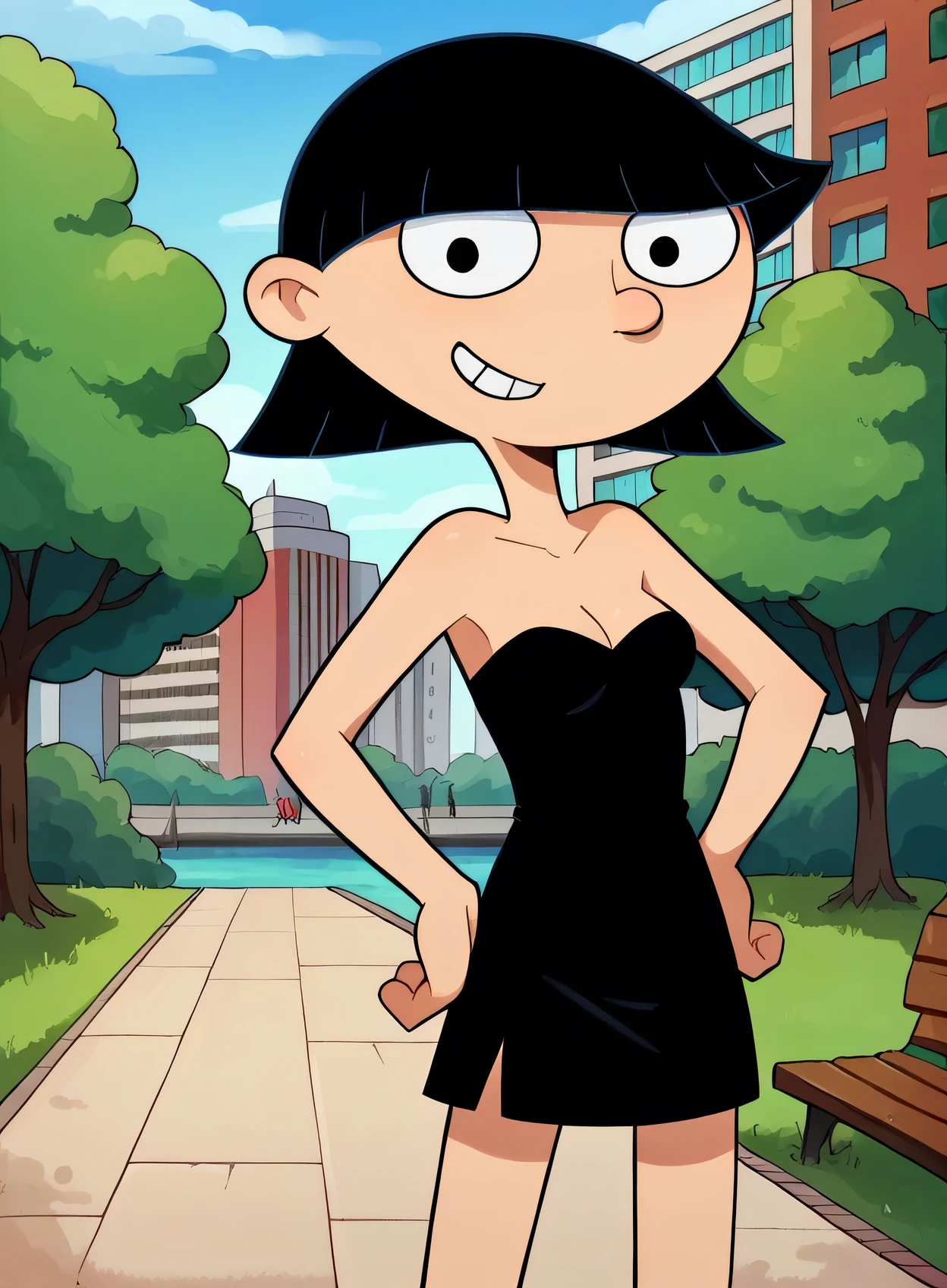 score_9_up,score_8_up,score_7_up,score_6_up,score_5_up,score_4_up BREAK rhonda, black hair, black eyes, bob cut, blunt bangs, small breast, strapless, black sweetheart dress, black pencil skirt, left hand on own hip, park, right arm at side, city building, docks, pier, ocean, smile, cowboy shot, looking at viewer,