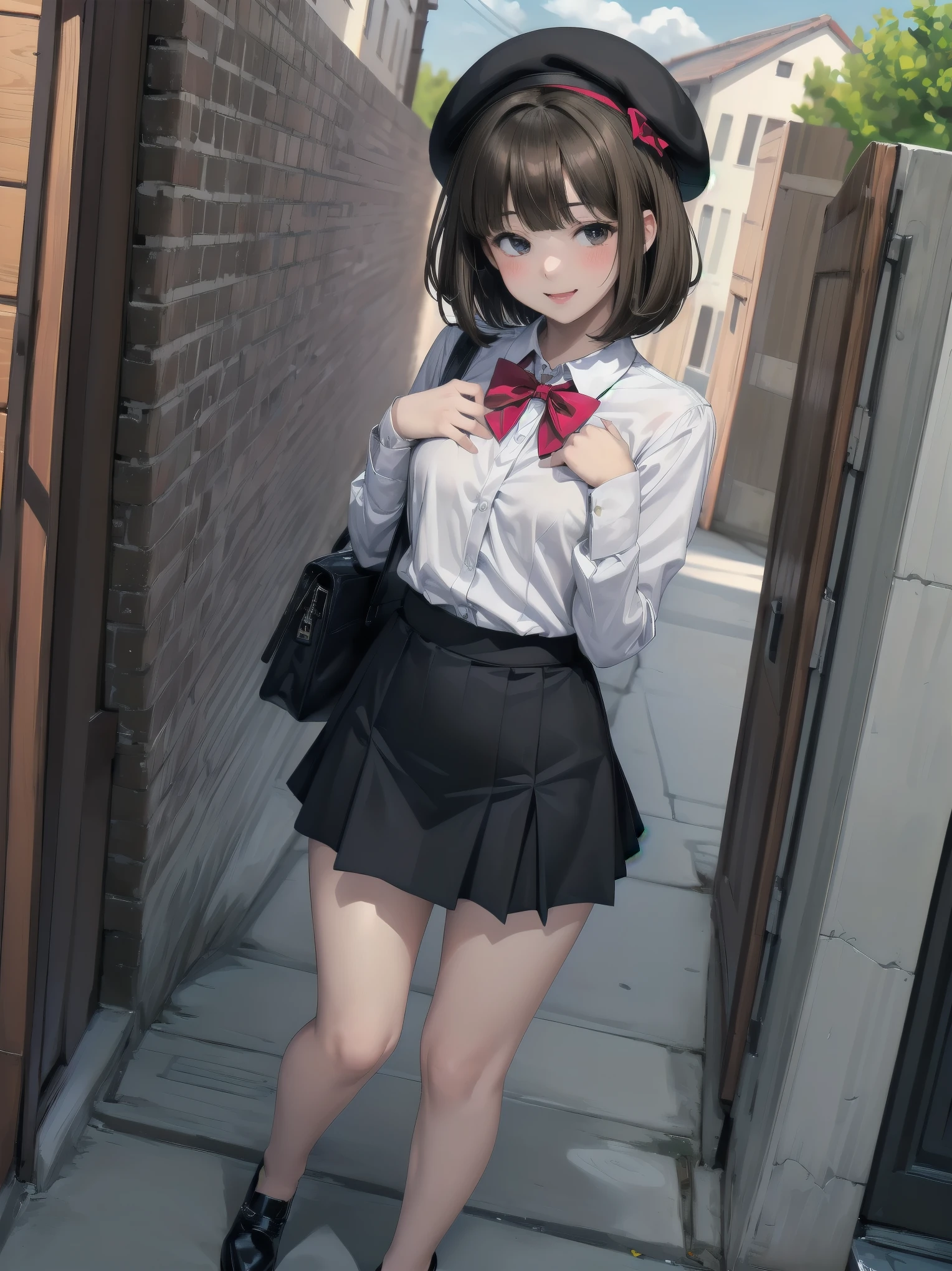 (((Very detailed, Very detailed CG ユニティ 8k 壁紙, figure, High resolution, Absurd, Beautiful fine details, finely detailed chest, Very detailed髪)), ((masterpiece))
Outdoor,null,cloud,Grass,
((Beautiful fine details)),
One girl,alone,
Subjective View Crotch,
Cowboy Shot,
One girl, shirt, bow, Brown Hair, bowtie, skirt, red bow, white shirt, One boy, Have, red bowtie, black skirt, shoes下, bag, collared shirt, Dutch Angle, beret, Black Hat, Open your mouth, shoulder bag, Iris, Medium Hair, shoes, Mouth closed, Long sleeve, Black footwear, null, blush, Bob Cut Hair, bangs, Outdoor, Smiling at the viewer, chest, Are standing, building, A shy and shy pose