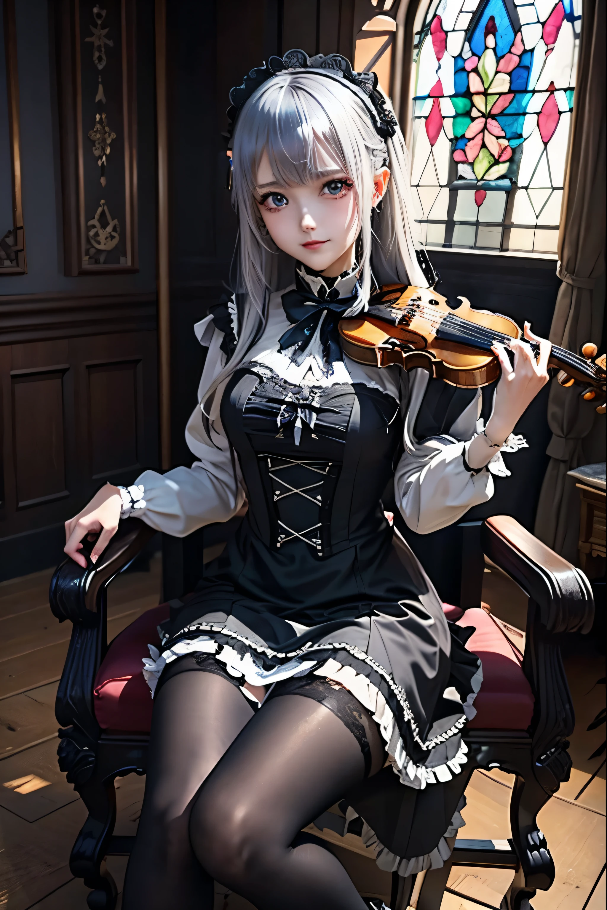 Hard Dark Gothic Makeup、Deep Night Sky、Horror、Black dark eyeshadow、sad、Good skin radiance、Dark Gothicメイク、Dark smile、palace、24-years-old、Embarrassed look、Dark Gothic、Obscene language、highest quality、Drunk face、紫のMaid clothes、Mysterious、Noble、sexy、Loving smile、Right blue eye, Left eye is red、Platform Heel Shoes、Heavy makeup、Gothic Lolita Clothing、Silver Hair、Long Hair Straight Hair、Cute Gothic Lolita Dress、Beautiful Face、elegant features、Fascinating face、Stained glass is the background、Chest glistening with sweat、The room is dark、gothic long dress、Bell Sleeves、Wizard Sleeve、Decadent look、Sexually excited expression、Glossy thighs wet with water、Thighs that are wet and shiny with oil、Background of a room full of roses、The embroidery is pink、The dress has pink embroidery、Thigh-high socks、Knee-high socks、Gentle expression、Dark black eyeshadow、Stained glass and rose background、Female Duo、Female couple、dark church background、Stained glass、Black metal world、Dark Castle、Slender body、gothic long dress、Maid clothes、Victorian dresses、Her thighs glisten with sweat、My body is wet and shiny、Lots of glitter on the thighs、My thighs are sticky from sweating、Sweat glistens on the thighs, The whole body is sweaty and shiny、Quite sweaty、My thighs are sweaty、My thighs are so wet、My thighs are shining with sweat、A lot of sweat glistens all over the body、Small breasts、Orchestra StageStage、Dynamic Angle、sitting on a gothic chair、Play the violin gracefully、With a violin、Press the violin strings、violinist、orchestra performance、Thin thighs、slender、Violin body and strings、Sit on a chair、pantyhose、