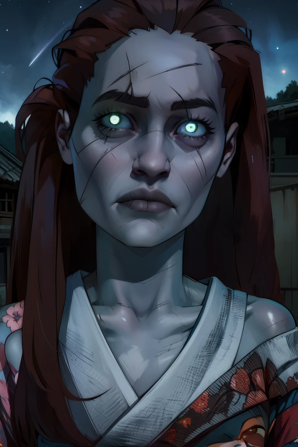 Hisako,grey skin,long hair,white pupils,scars,glowing eyes,black sclera,
red kimono with floral print,off shoulder,torn clothes,serious,
looking at viewer,
japanese ghost village,night sky, teenage girl,
standing,upper body,
(insanely detailed, beautiful detailed face, masterpiece, best quality) cinematic lighting,solo,