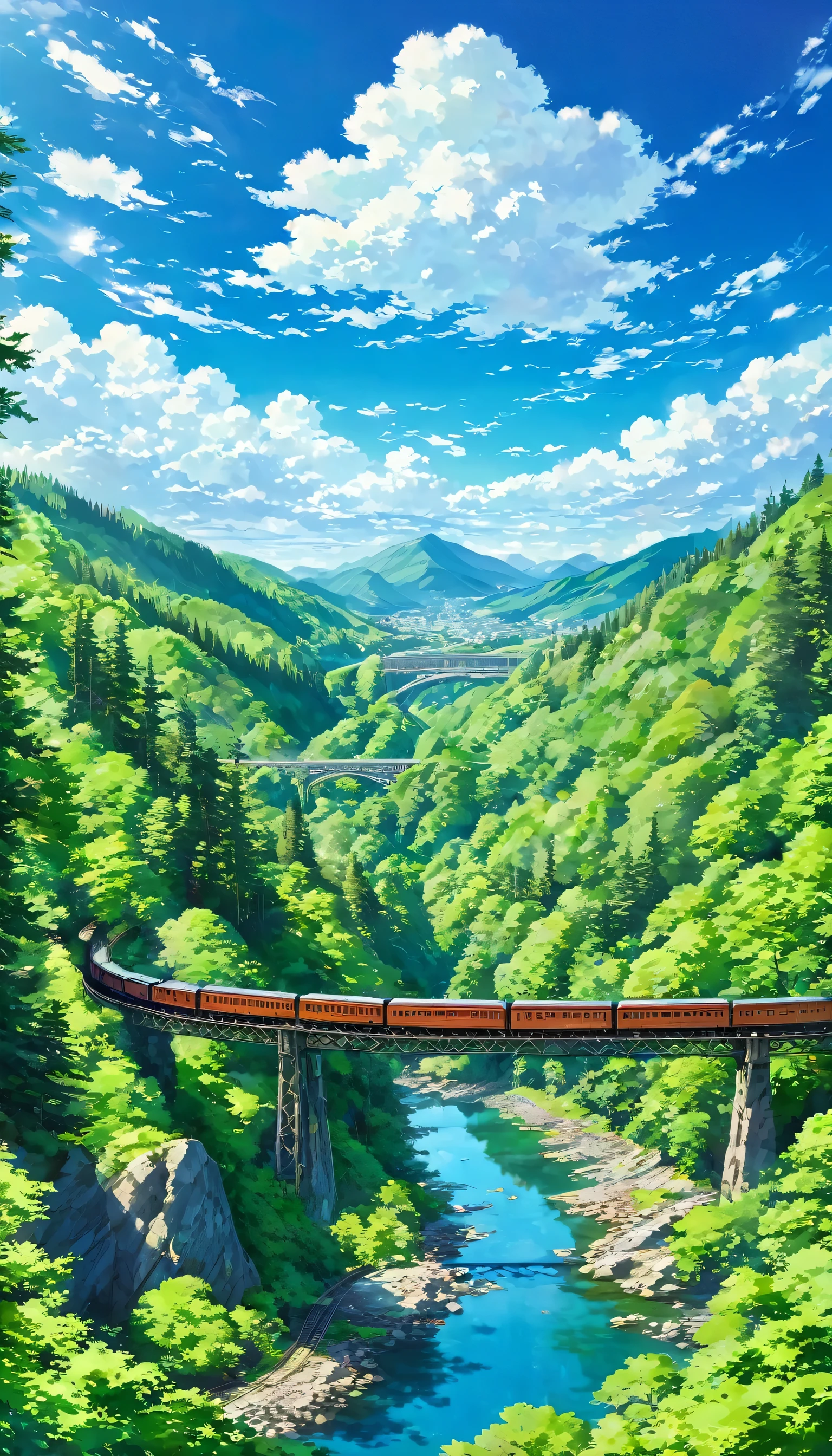 Mountain, green, forest, valley, bridge, railway, summer, Daytime, blue sky, cloud, Green, Magnificent, rock, wood々, vivid