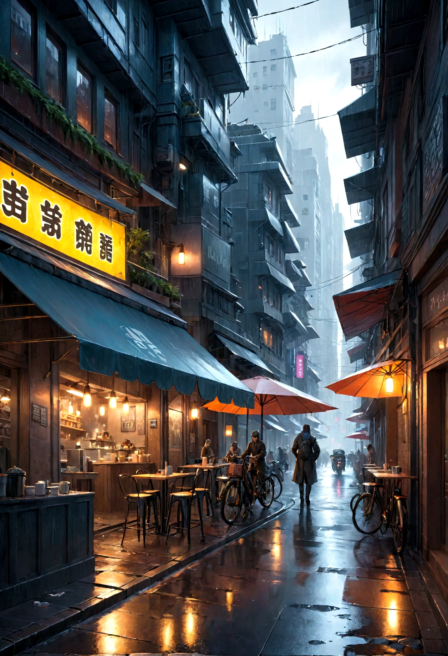 Future Cafe Pictures, Wet Street, architecture, Busy Street, cycle, Rubbish, Cyberpunk, Ultra-high quality, Extremely detailed