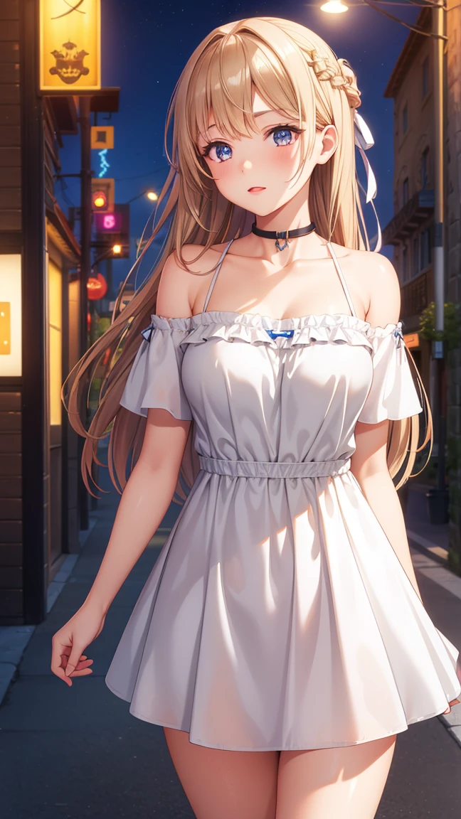 1girl, natural lighting, masterpiece, highly detailed, illustration, game CG, absurdres, high quality, beautiful detailed eyes, glossy lips, natural lighting, medium breasts, klaudia valentz, standing, city street, night, neon lights, minidress, collarbone