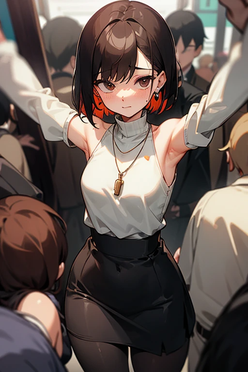 Brown short bob、Sleeveless white sweater、wearing a black jacket、Flared sleeves、Tight Skirt、Black Stockings、necklace、Extremely crowded train、There are a lot of people crowded together、Disheveled clothes、Your cheeks are red、slender、Curved waist、slender、Beautiful clavicle、There are a lot of people and they are close to each other、Flickering、Sexy、Belly button、Earrings、Color mesh on hair、Sweaty、hot、Grabbing your arms or shoulders、Spread your legs、Being hugged、Grabbed by the waist