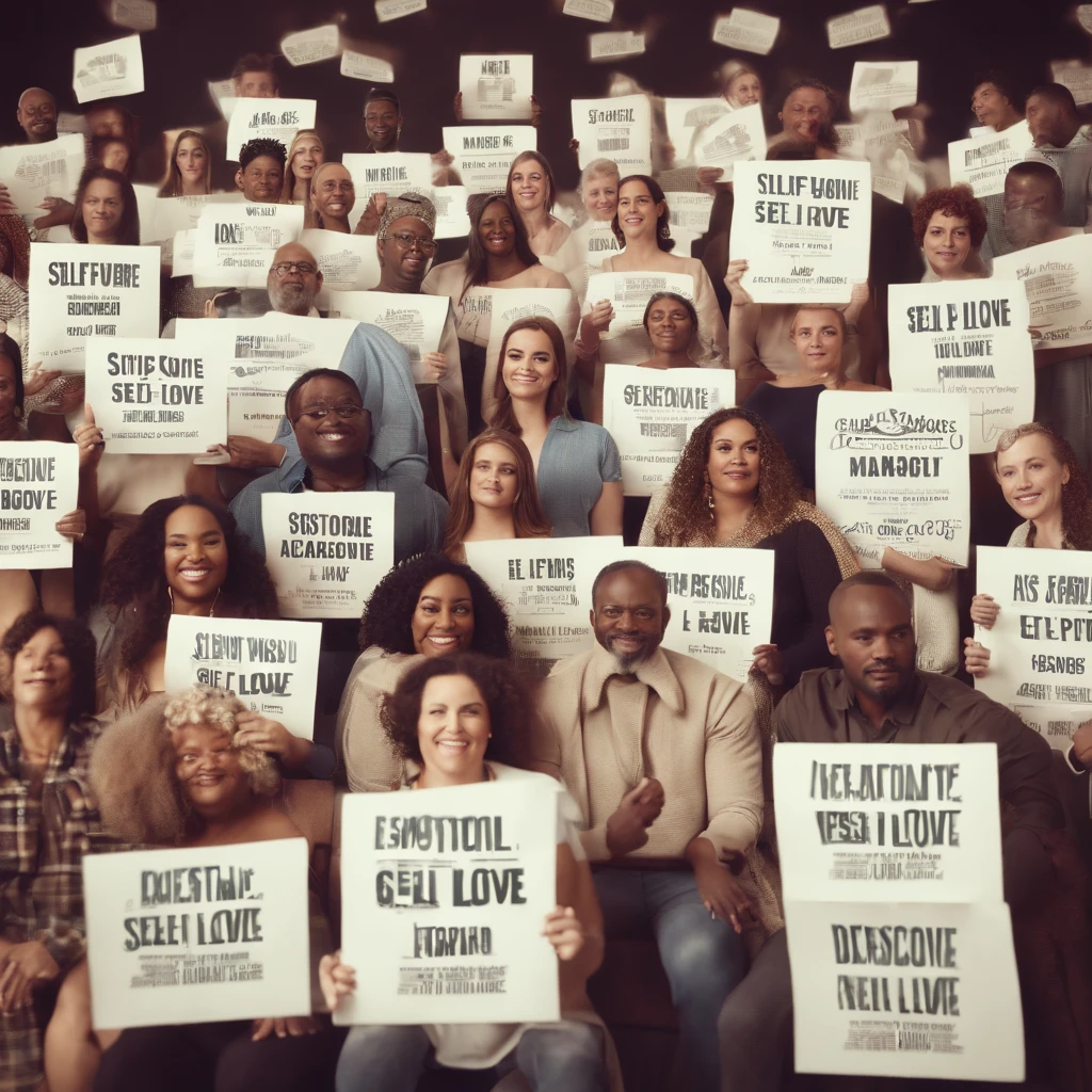 "A diverse group of people holding signs with messages of self-love and acceptance."