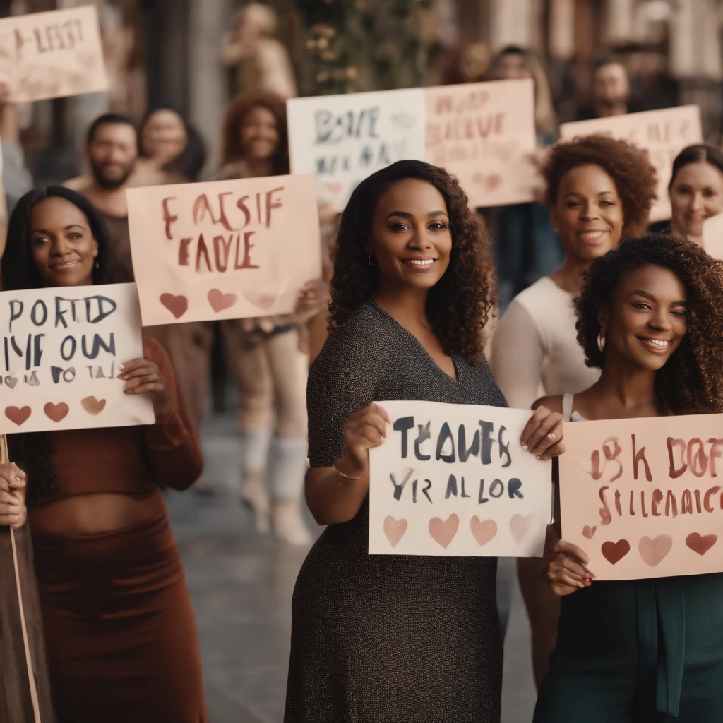 "A diverse group of people holding signs with messages of self-love and acceptance."