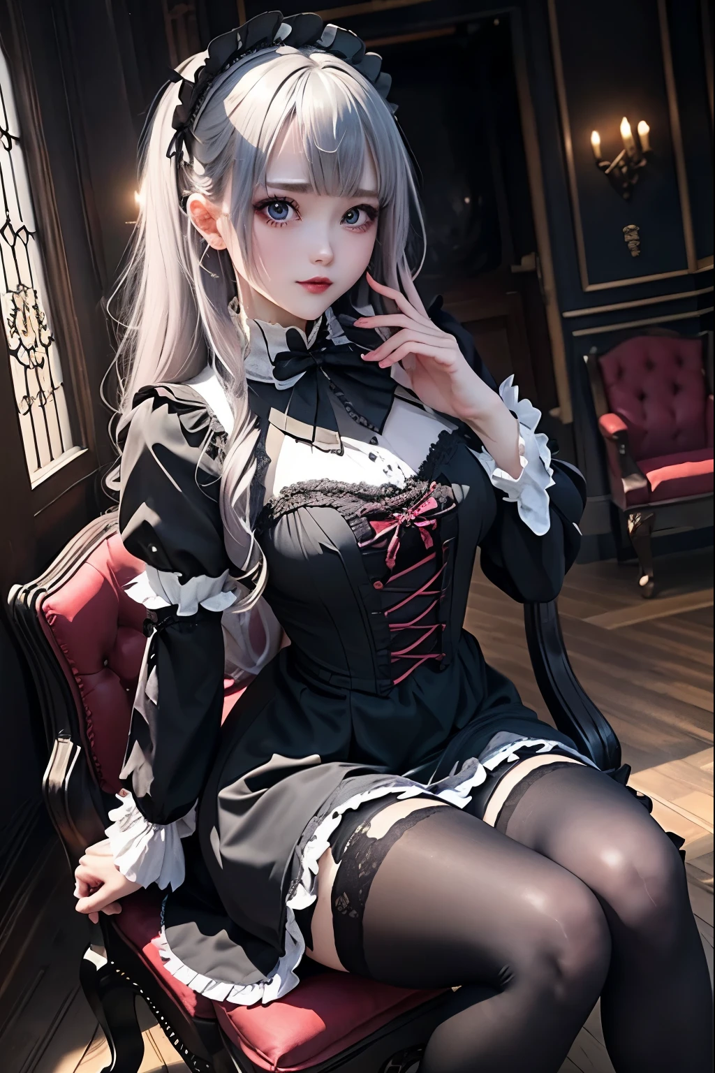 ハードDark Gothicメイク、Deep Night Sky、Horror、Black dark eyeshadow、sad、Good skin radiance、Dark Gothicメイク、Dark smile、palace、24-years-old、Embarrassed look、Dark Gothic、Obscene language、highest quality、Drunk face、紫のMaid clothes、Mysterious、Noble、sexy、Loving smile、Right blue eye, Left eye is red、Platform Heel Shoes、Heavy makeup、Gothic Lolita Clothing、Silver Hair、Long Hair Straight Hair、Cute Gothic Lolita Dress、Beautiful Face、elegant features、Fascinating face、Stained glassが背景、Chest glistening with sweat、The room is dark、gothic long dress、Bell Sleeves、Wizard Sleeve、Decadent look、Sexually excited expression、Glossy thighs wet with water、Thighs that are wet and shiny with oil、Background of a room full of roses、The embroidery is pink、The dress has pink embroidery、Thigh-high socks、Knee-high socks、Gentle expression、Dark black eyeshadow、Stained glassと薔薇背景、Female Duo、Female couple、dark church background、Stained glass、Black metal world、Dark Castle、Slender body、gothic long dress、Maid clothes、Victorian dresses、Her thighs glisten with sweat、My body is wet and shiny、Lots of glitter on the thighs、My thighs are sticky from sweating、Sweat glistens on the thighs, The whole body is sweaty and shiny、Quite sweaty、My thighs are sweaty、My thighs are so wet、My thighs are shining with sweat、A lot of sweat glistens all over the body、Small breasts、Orchestra StageStage、Dynamic Angle、sitting on a gothic chair、Play the violin gracefully、With a violin、Press the violin strings、violinist、orchestra performance、Thin thighs、slender、Violin body and strings、Sit on a chair、pantyhose、