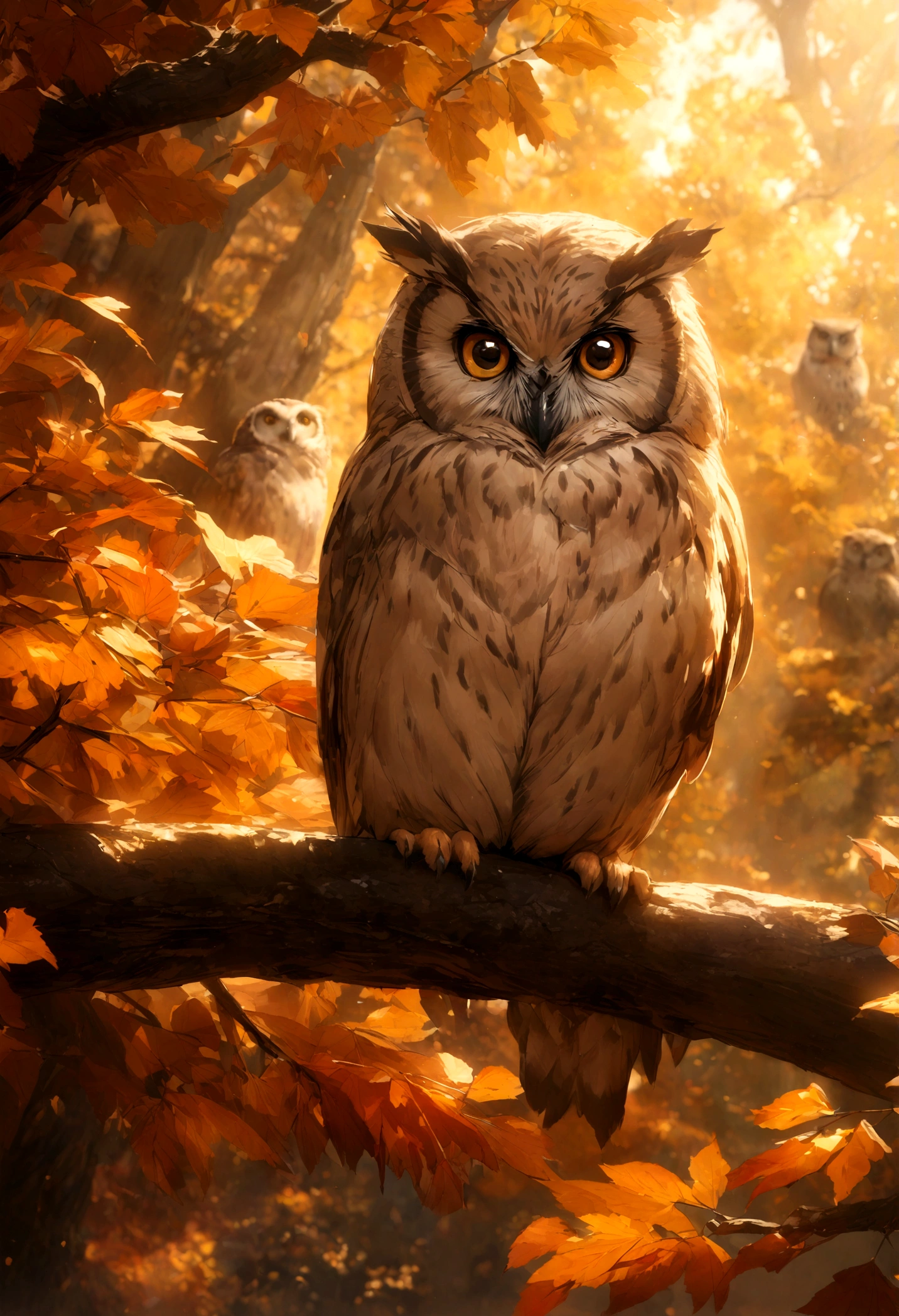 a cute owl conversing with a mischievous monkey, highly detailed, intricate background, warm autumn colors, cinematic lighting, elegant composition, digital art, masterpiece