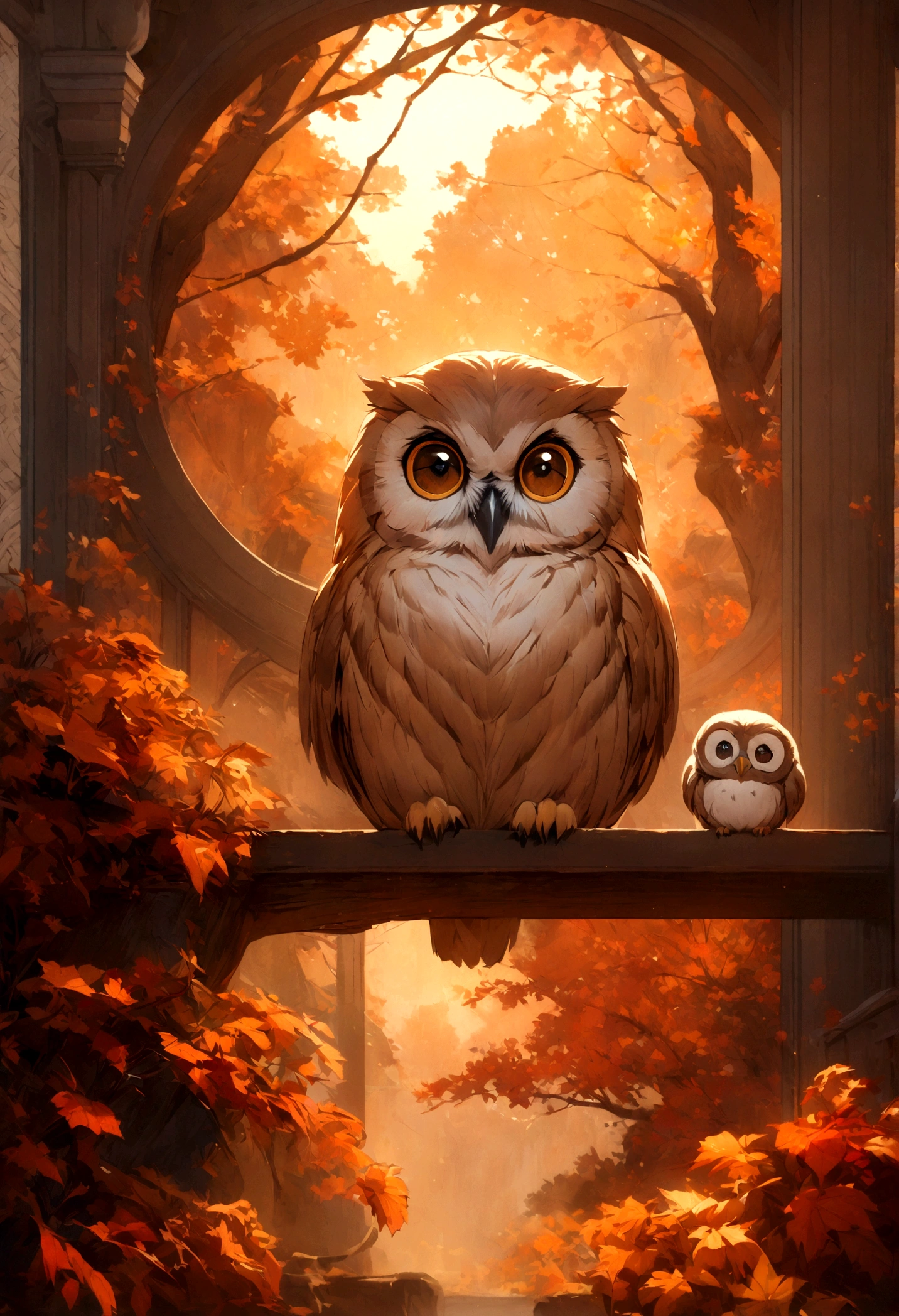 a cute owl conversing with a mischievous monkey, highly detailed, intricate background, warm autumn colors, cinematic lighting, elegant composition, digital art, masterpiece