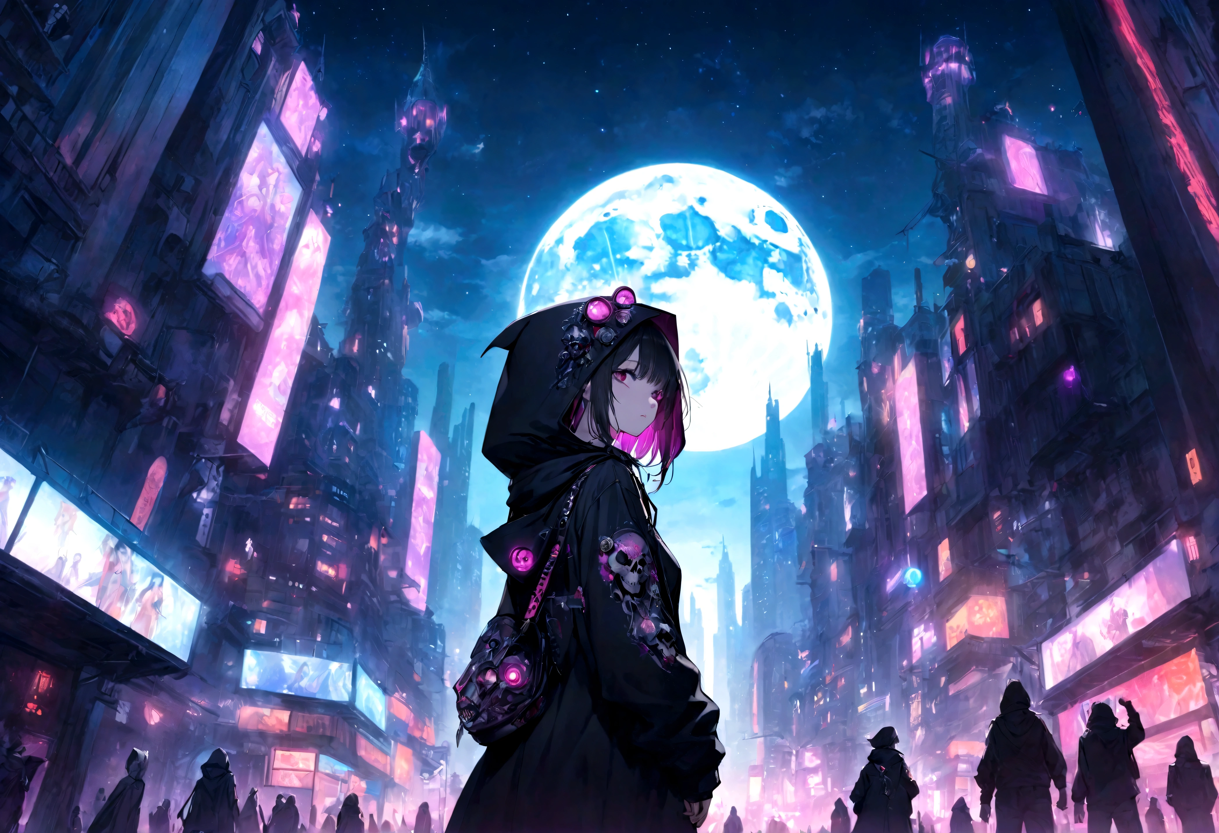 dark fantasy art, original, woman standing with her back turned, nightmare, city at night with full moon, festival where devils gather, skeleton, devil, at night, moon is big is, vampire, lunar city, moonwalker,Dracula,vampire,underworld,gives a sense of beauty and mystery,beautiful and aesthetic,anime, phonk art,phonk image,phonk music image,anime picture, nightcore, anime art wallpaper 4k, anime art wallpaper 4 , beautiful fantasy anime, futuristic city, space and starry sky, girl looking at the sky, anime art wallpaper 4k, anime art wallpaper 8k, anime fantasy artwork, anime style 4k, ultra hd anime wallpaper,brightly colored screen,A cyberpunk, dressed in a hoodie adorned with cyberpunk street goon style.