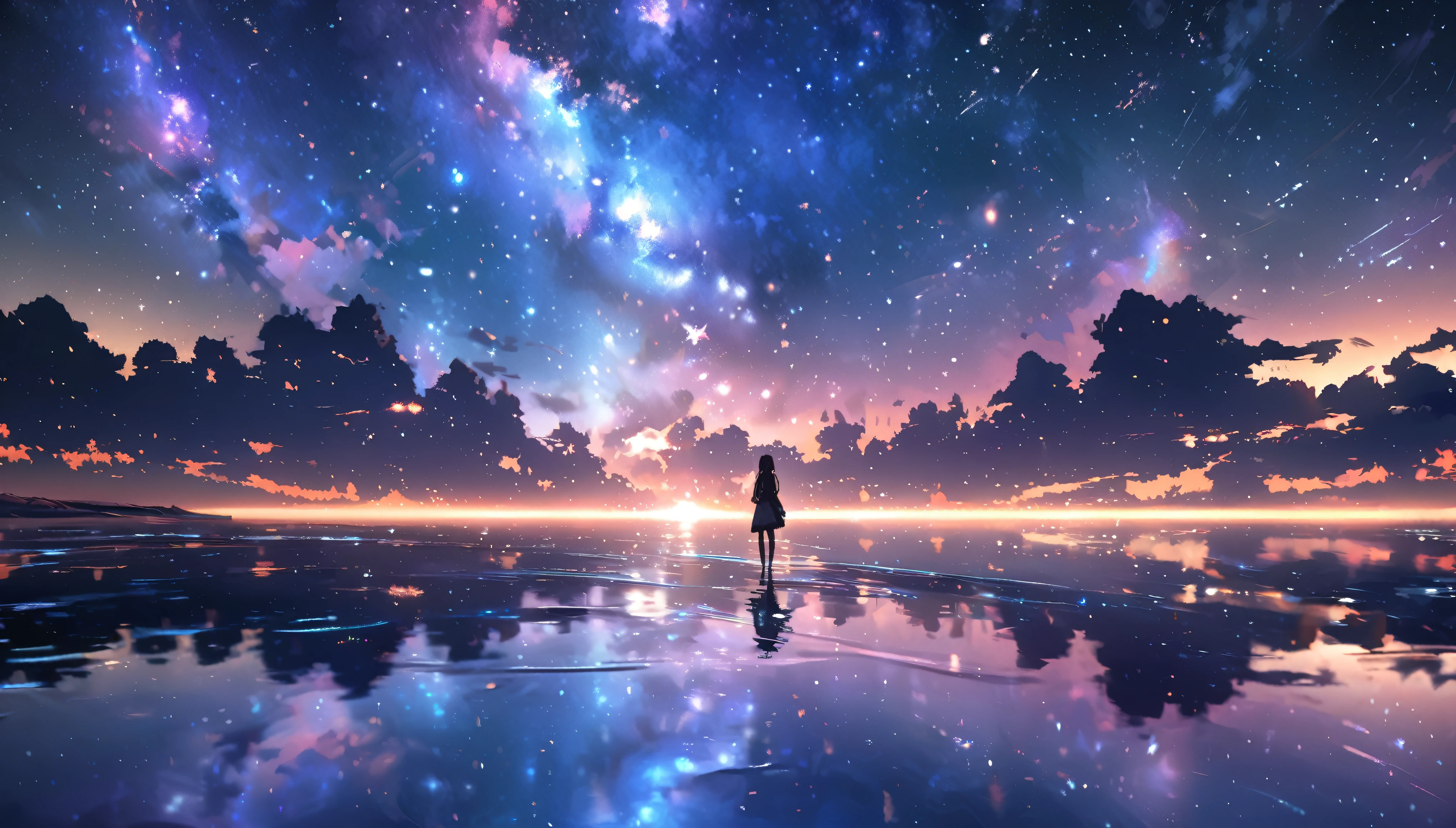 Angelic, ultra detailed, starry, nebula, horizon, reflective water surface,