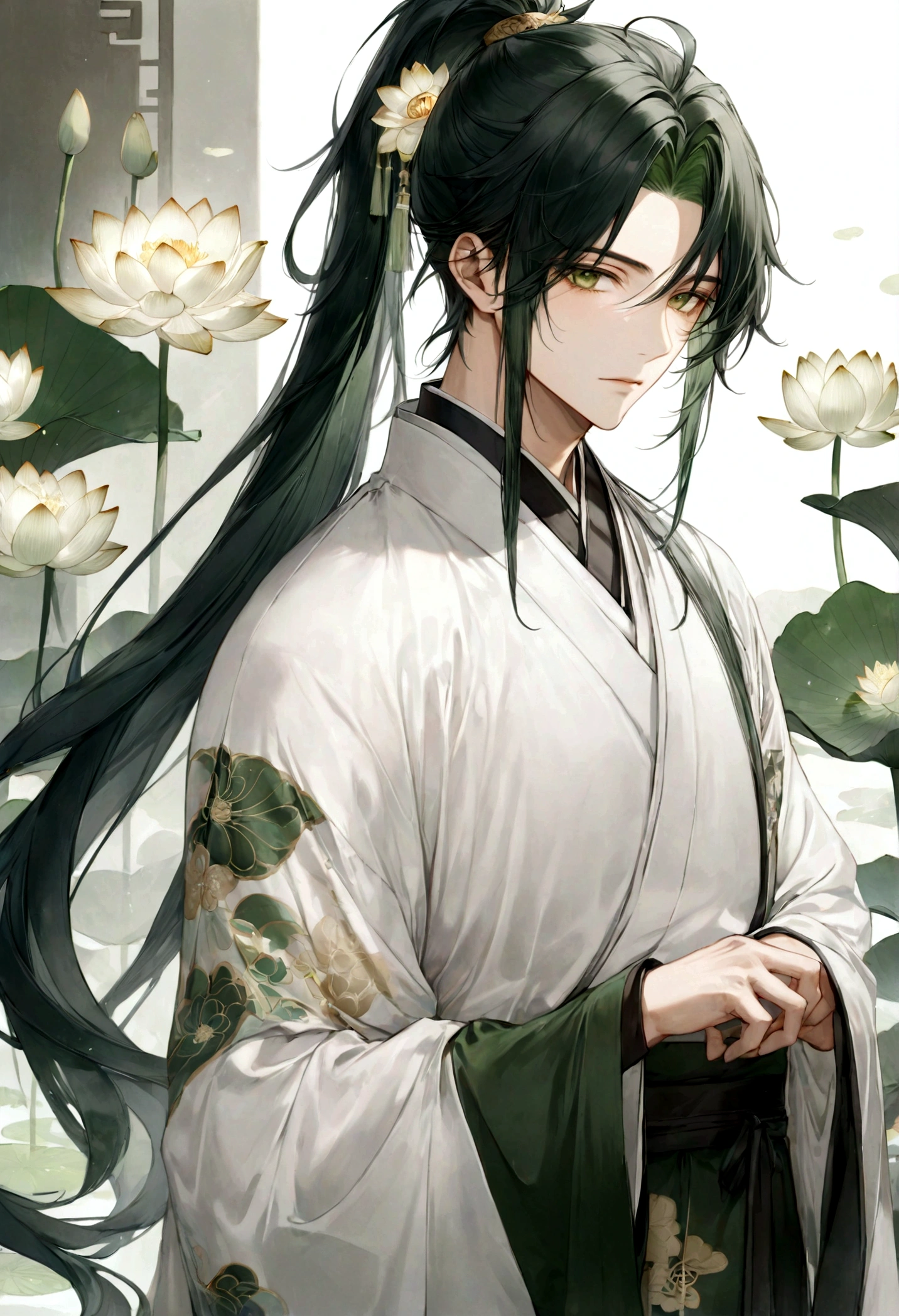 ((top-quality)), ((​masterpiece)), ((ultra-detailliert)), (extremely delicate and beautiful), handsome man, dark green hair, long straight hair, high ponytail hairstyle, golden eyes, serene expression, wearing wuxia styled robes, sleeves are sheer and silky, white sleeves, white robes with green patterns, lotus flowers on robe, dark pants, white lotus flowers in the background