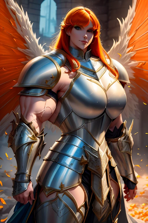 (((Massive, tall, beautiful, buff, muscular pale white skinned female knight with orange hair, black lipstick, huge angle wings, ginormous bulky muscles, holding a sword and shield and wearing an all orange gleaming knight armor with hauberk pants))), {close view}, black eyeliner, massive muscles, massive biceps, hyper muscle triceps, (long shaggy hair), green eyes, giant angel wings, knight boots, In a castle, hauberk and pants, steel knight armor, armor breastplate, nighttime, confident smile, hyper muscles arms, hyper muscle legs, ginormous arms