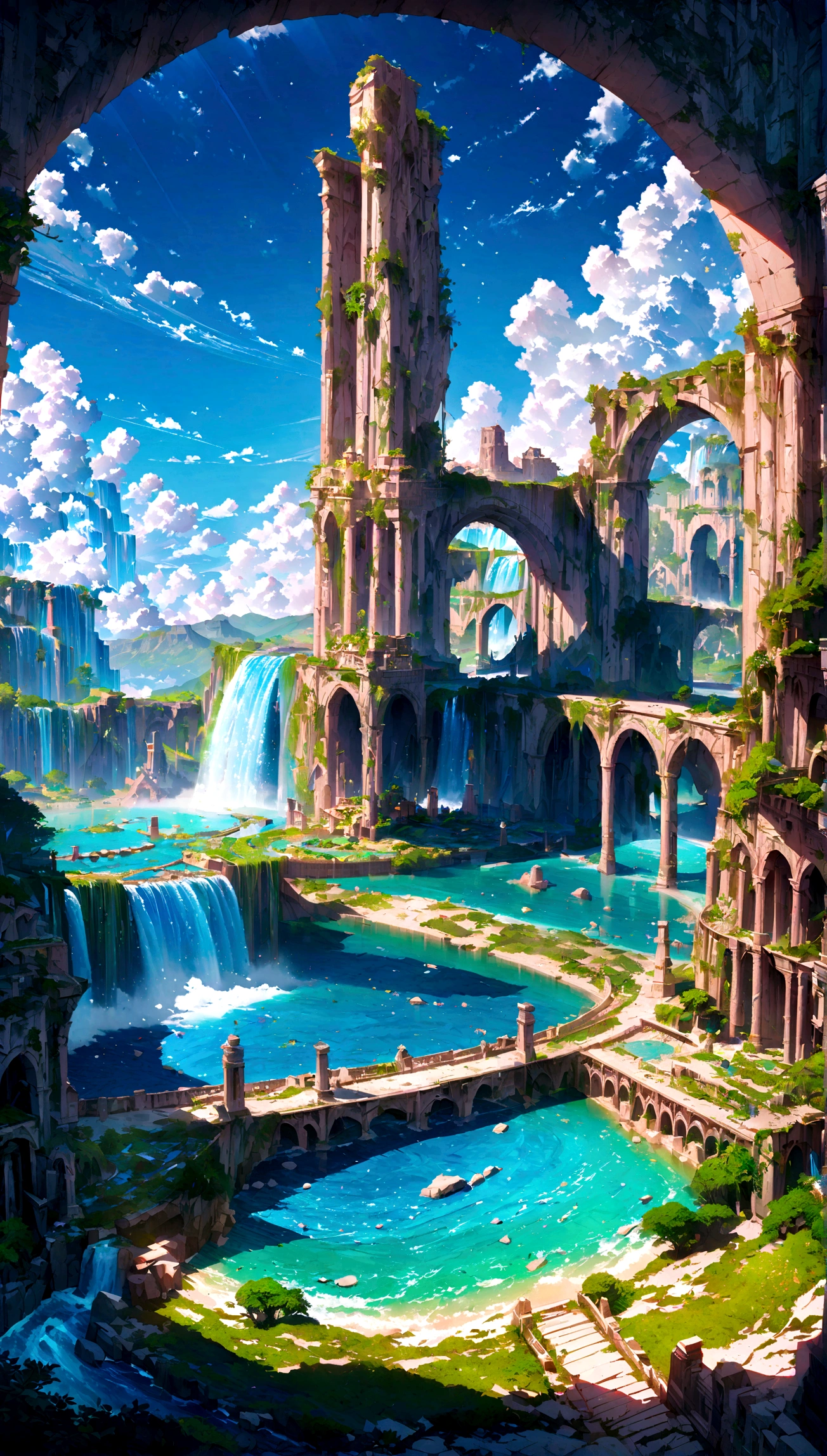 8K resolution, surreal, Super detailed, high quality, fantastical city, towering archways and bridges, cascading waterfalls, ancient ruins, lush greenery, winding river, blue skies with fluffy clouds, detailed stone structures, scenic landscapes, mix of natural and architectural beauty, vibrant colors