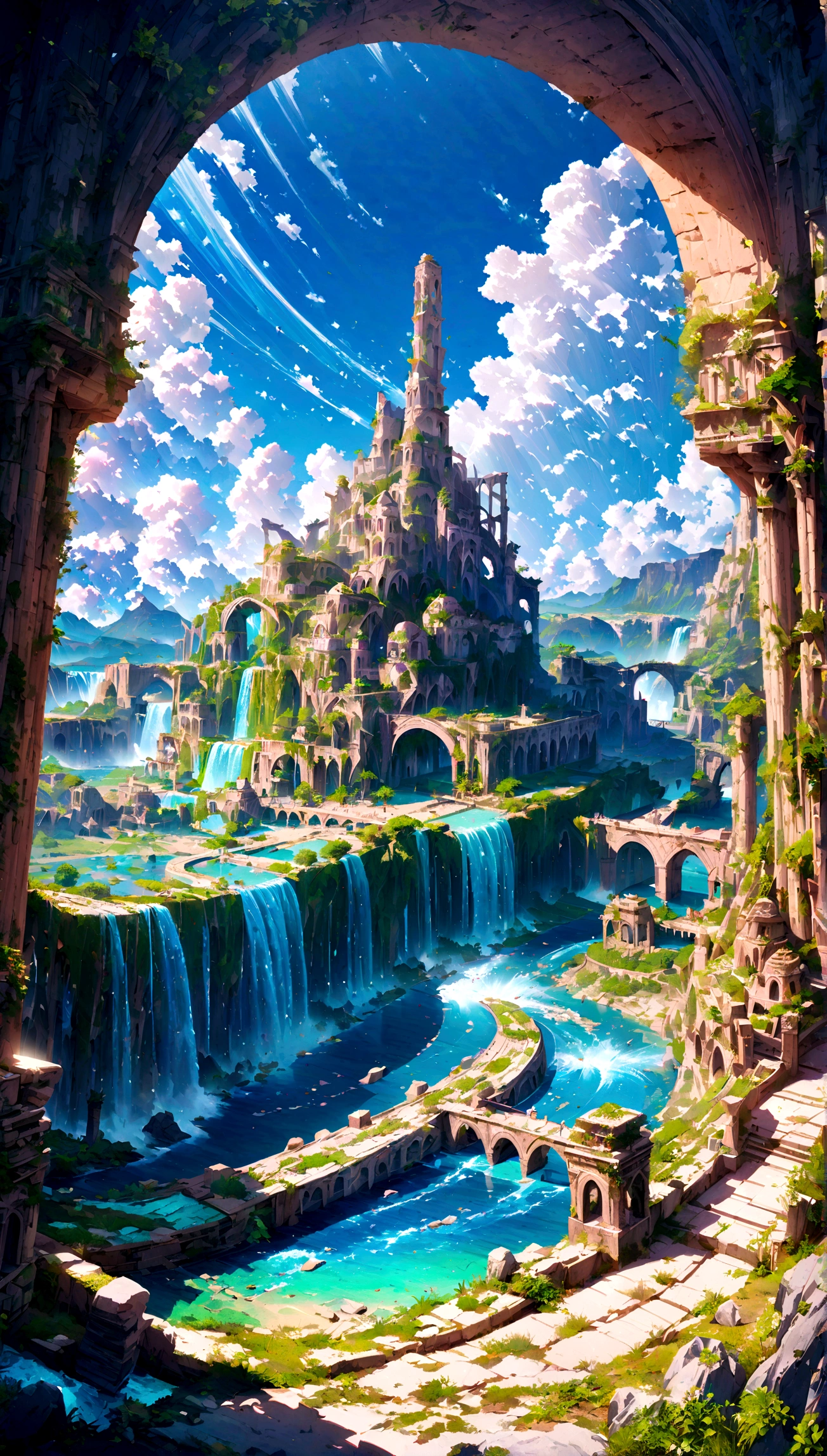 8K resolution, surreal, Super detailed, high quality, fantastical city, towering archways and bridges, cascading waterfalls, ancient ruins, lush greenery, winding river, blue skies with fluffy clouds, detailed stone structures, scenic landscapes, mix of natural and architectural beauty, vibrant colors