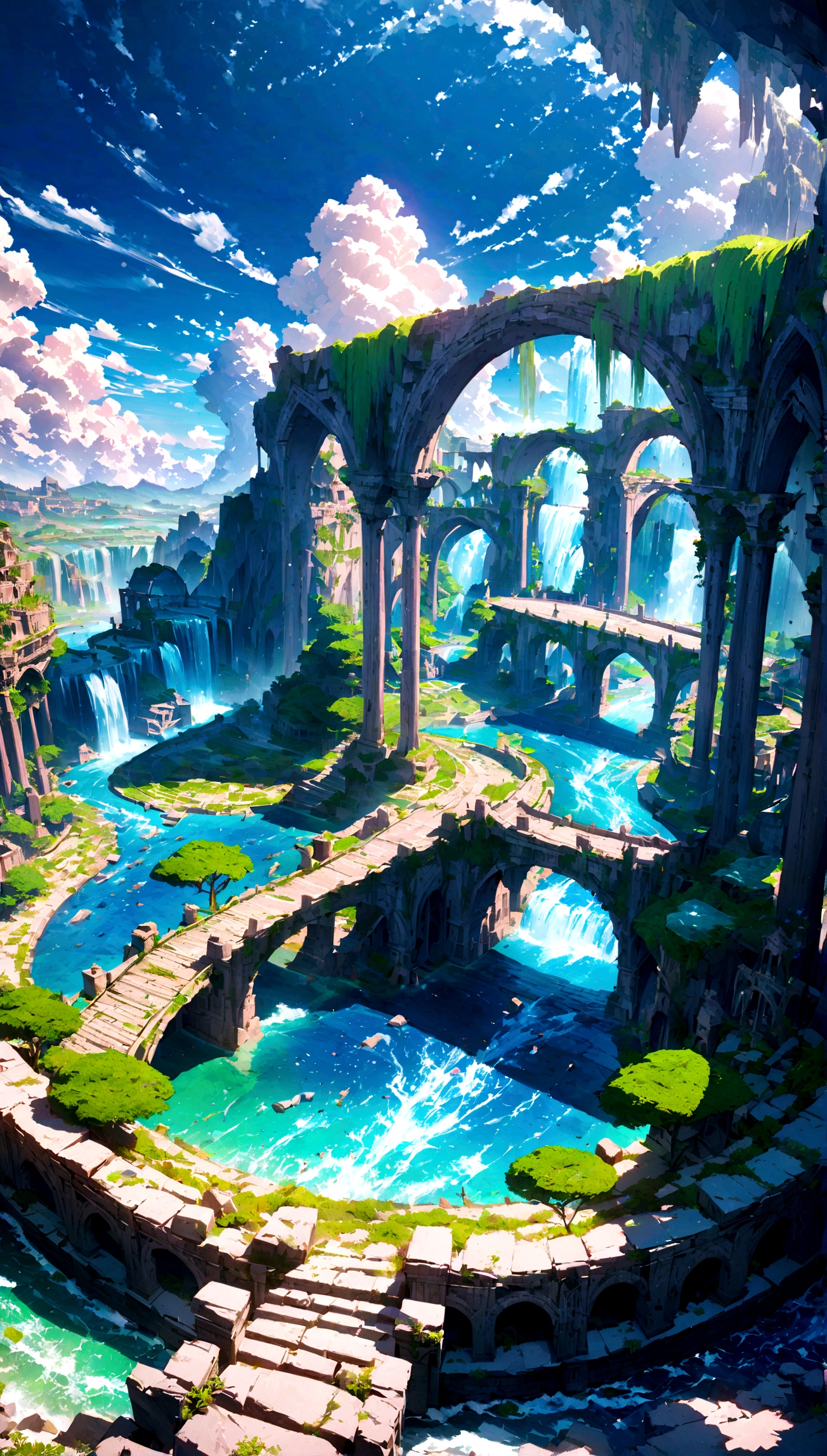 8K resolution, surreal, Super detailed, high quality, fantastical city, towering archways and bridges, cascading waterfalls, ancient ruins, lush greenery, winding river, blue skies with fluffy clouds, detailed stone structures, scenic landscapes, mix of natural and architectural beauty, vibrant colors