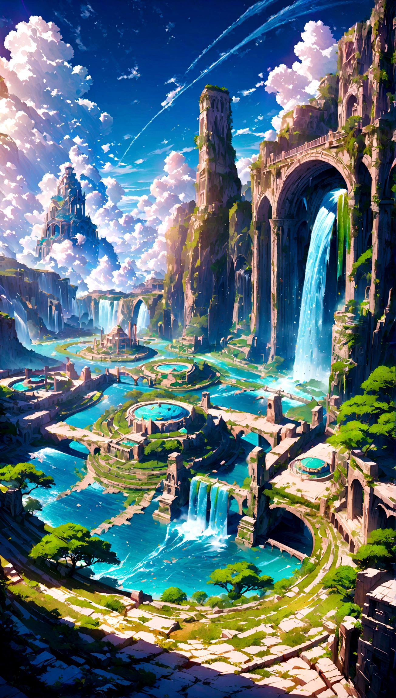 8K resolution, surreal, Super detailed, high quality, fantastical city, towering archways and bridges, cascading waterfalls, ancient ruins, lush greenery, winding river, blue skies with fluffy clouds, detailed stone structures, scenic landscapes, mix of natural and architectural beauty, vibrant colors