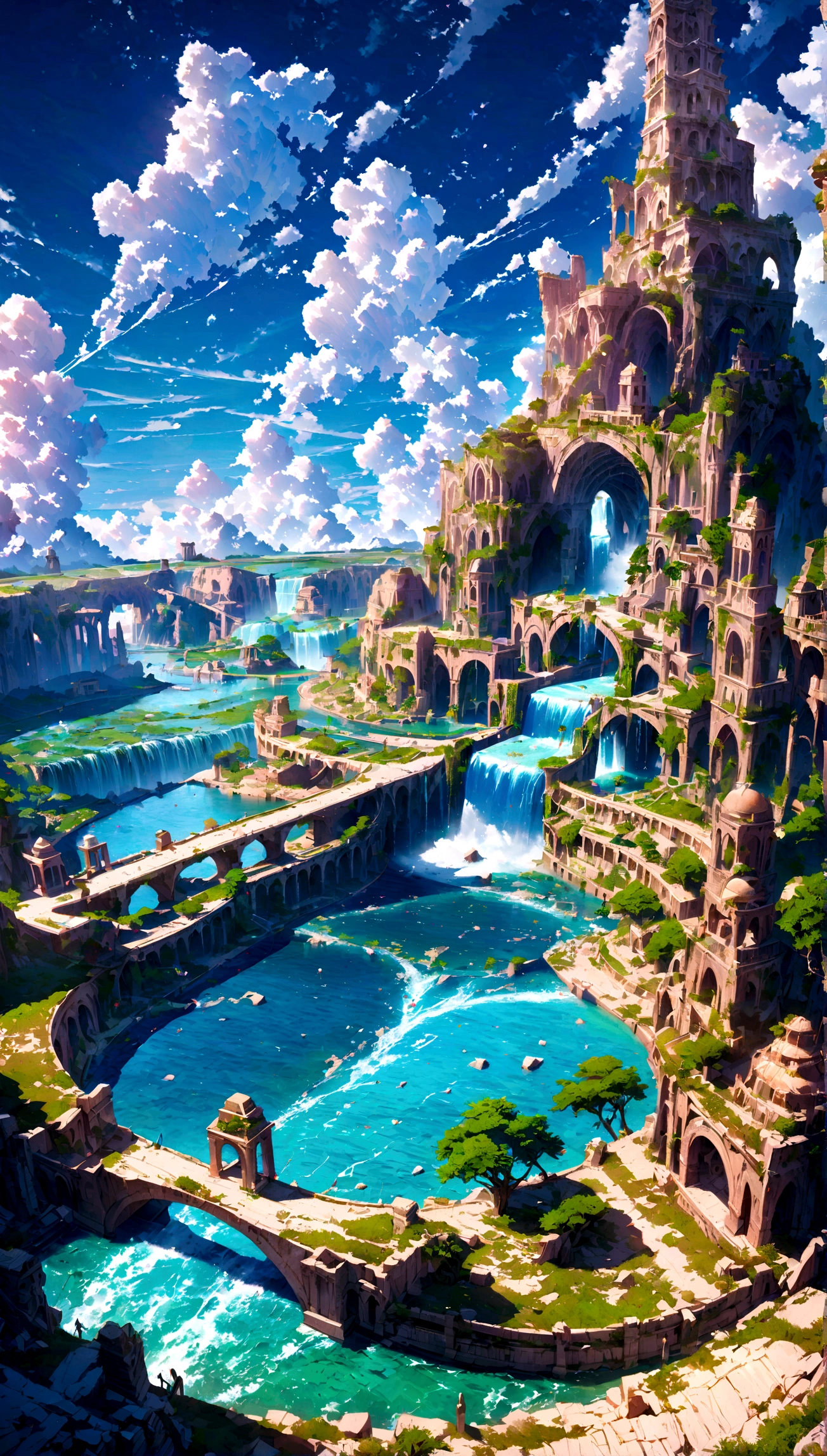 8K resolution, surreal, Super detailed, high quality, fantastical city, towering archways and bridges, cascading waterfalls, ancient ruins, lush greenery, winding river, blue skies with fluffy clouds, detailed stone structures, scenic landscapes, mix of natural and architectural beauty, vibrant colors