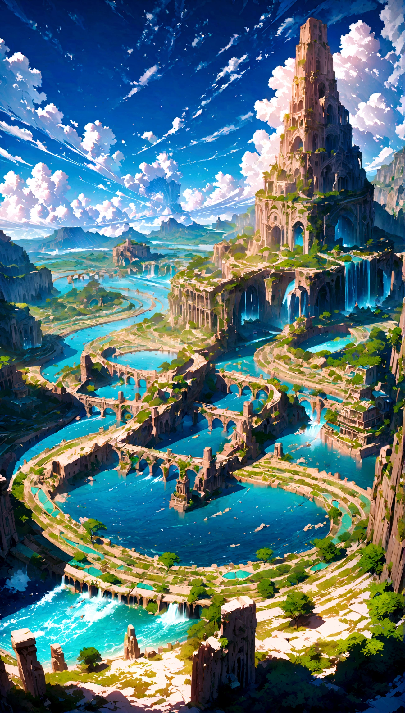 8K resolution, surreal, Super detailed, high quality, fantastical city, towering archways and bridges, cascading waterfalls, ancient ruins, lush greenery, winding river, blue skies with fluffy clouds, detailed stone structures, scenic landscapes, mix of natural and architectural beauty, vibrant colors