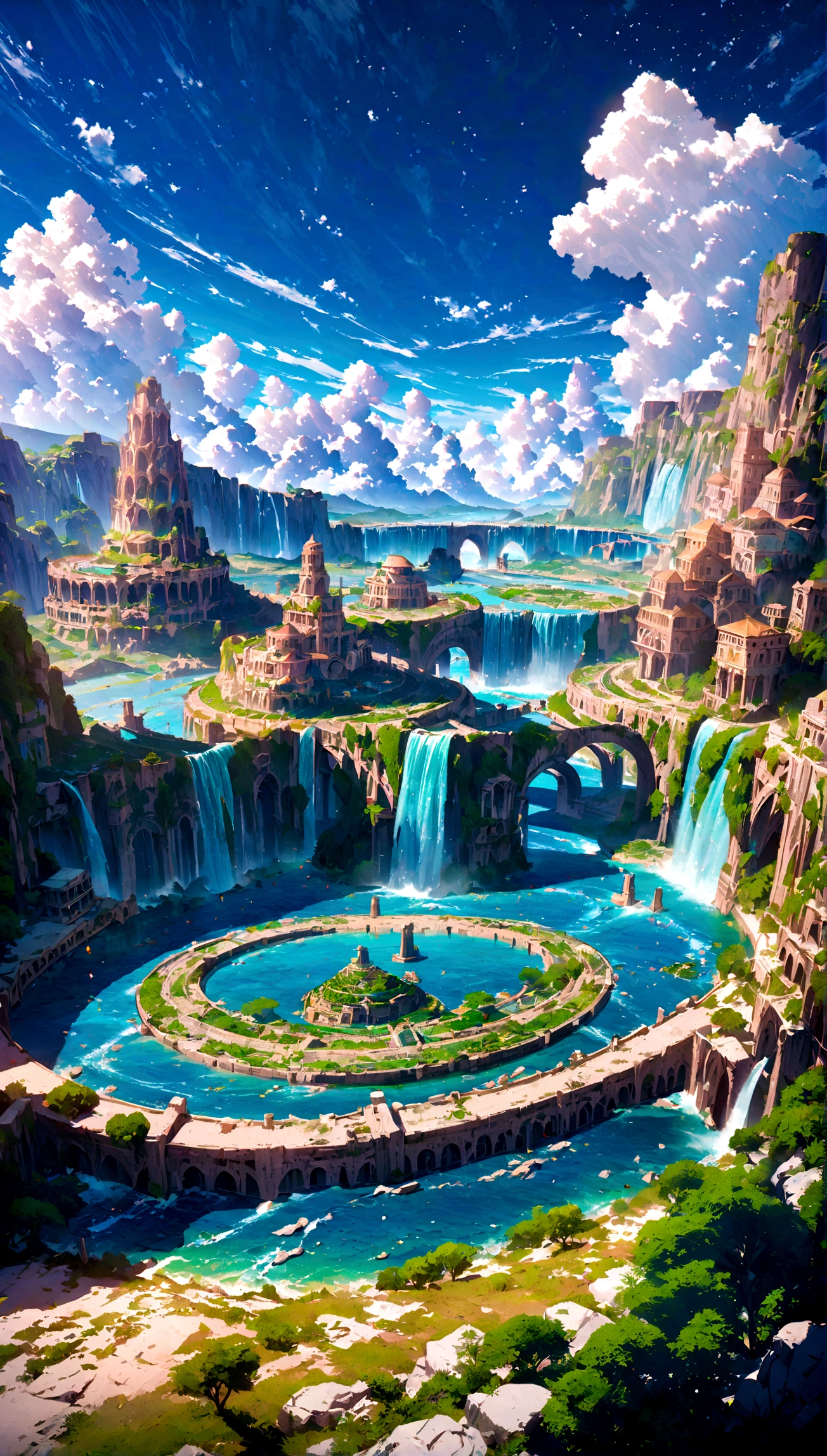 8K resolution, surreal, Super detailed, high quality, fantastical city, towering archways and bridges, cascading waterfalls, ancient ruins, lush greenery, winding river, blue skies with fluffy clouds, detailed stone structures, scenic landscapes, mix of natural and architectural beauty, vibrant colors