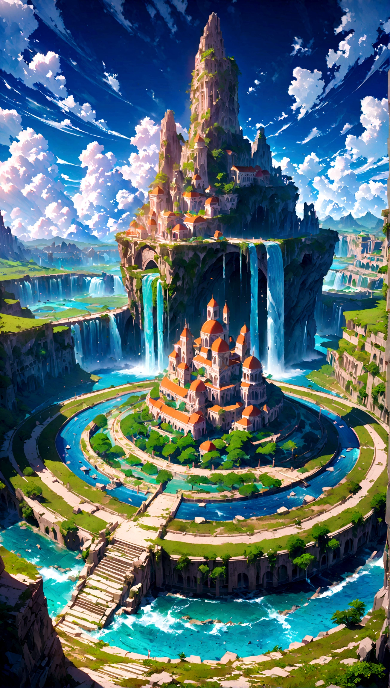 8K resolution, surreal, Super detailed, high quality, fantastical city, towering archways and bridges, cascading waterfalls, ancient ruins, lush greenery, winding river, blue skies with fluffy clouds, detailed stone structures, scenic landscapes, mix of natural and architectural beauty, vibrant colors