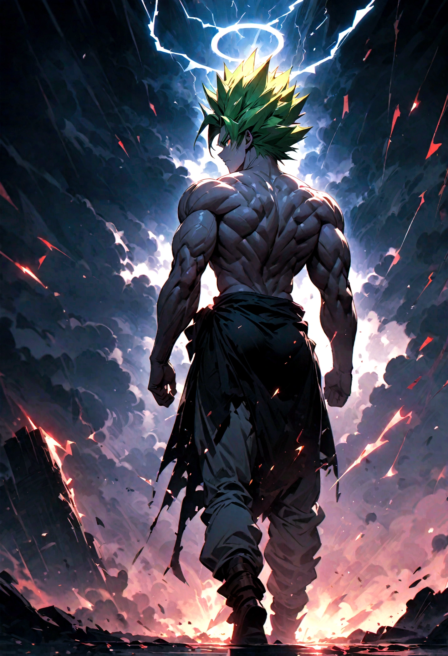 "(Best Quality,4K,8k,High resolution,masterpiece:1.2),Ultra-detailed,, Manga art wearing a headband、whole body、Forehead protector、Intense thunder、Stormy Night、male, Ivory skin, Thor、whole body、Wear a red loincloth around your waist、Green Hair、White trousers、Super Saiyan、Messy hair, green, spiky hair, sharp eyes, Grey Iris, Wear a black coat, Naked torso, Muscular body, Sports Body, Sharp jaw line, Glare, Cold and mysterious personality, whole body, Sports Body, 8k, detailed feature, Very handsome, Dreamy look, Bright lighting, Lightning Background, Intense thunder、Stormy Night、whole body、Gives off an intense aura、Halo on your back