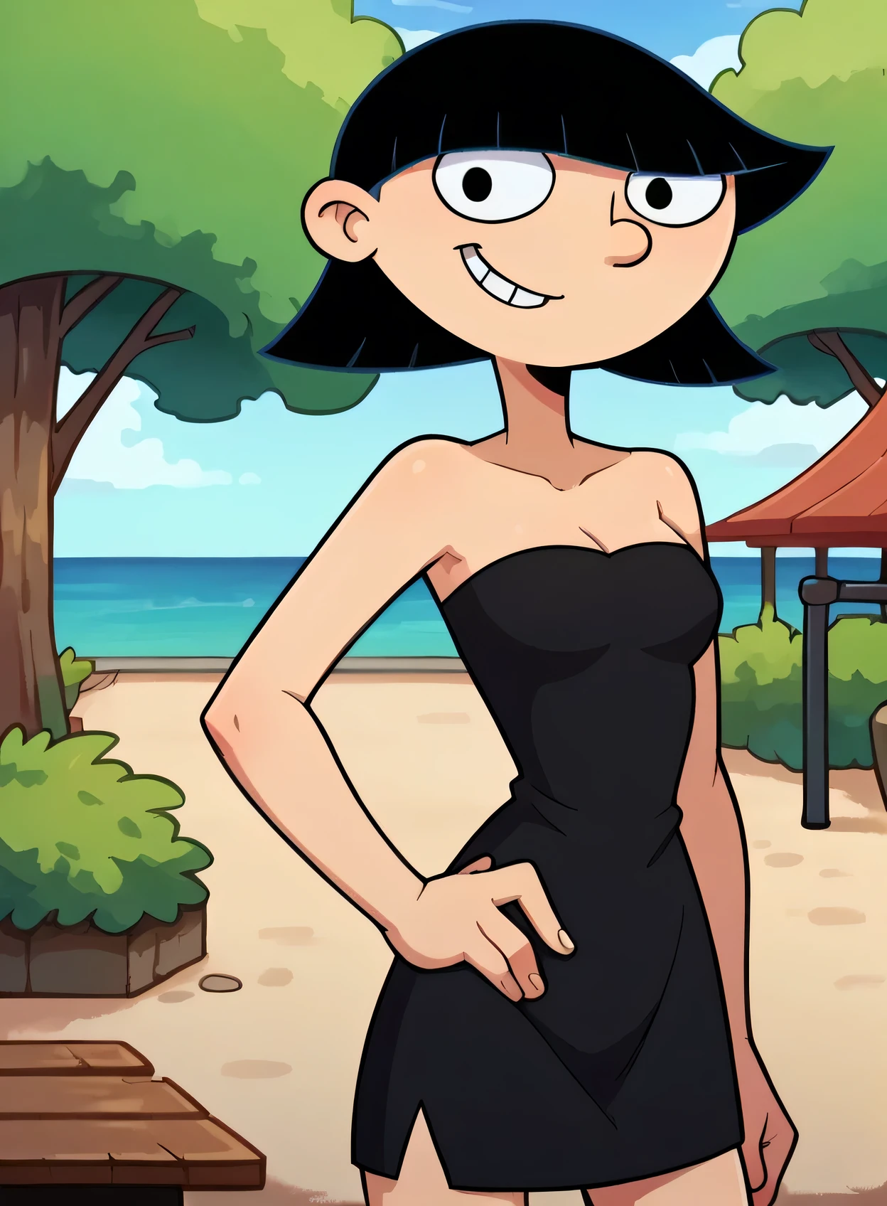 score_9_up,score_8_up,score_7_up,score_6_up,score_5_up,score_4_up BREAK rhonda, black hair, black eyes, bob cut, blunt bangs, small breast, strapless, black sweetheart dress, black pencil skirt, left hand on own hip, park, right arm at side, docks, pier, ocean, smile, cowboy shot, looking at viewer,