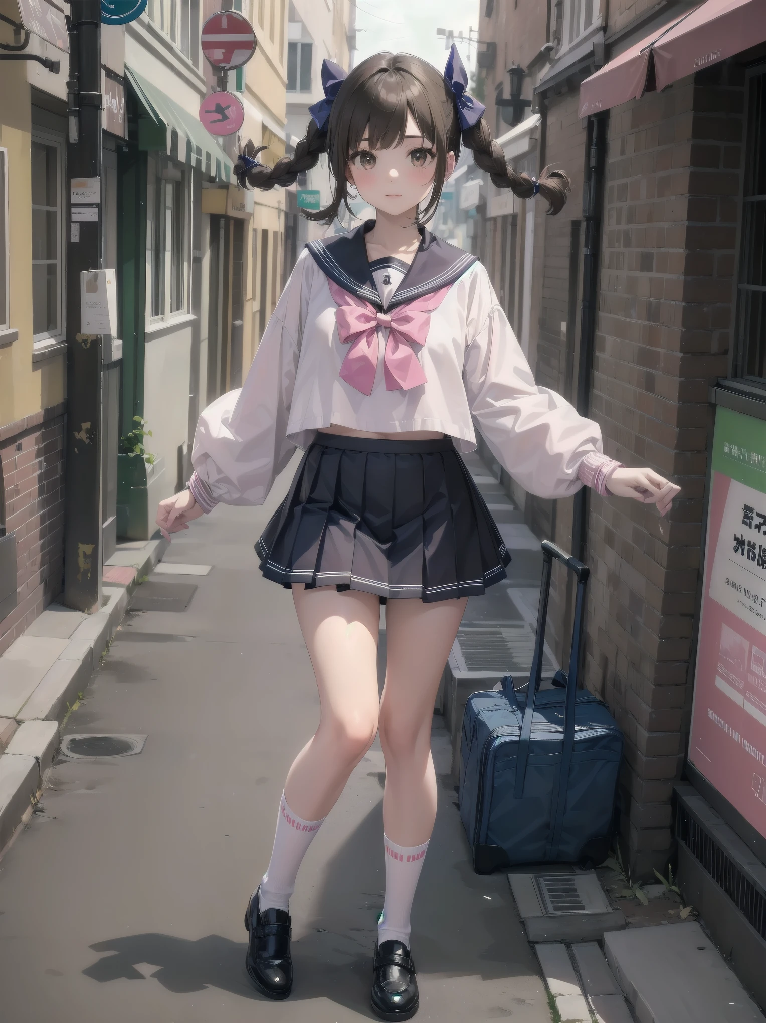 1girl, solo, looking at viewer, skirt, brown hair, shirt, long sleeves, bow, twintails, brown eyes, , full body, shoes, socks, sailor collar, black footwear, twin braids, cosplay, blue bow, white socks, pink skirt, photo background, pink sailor collar