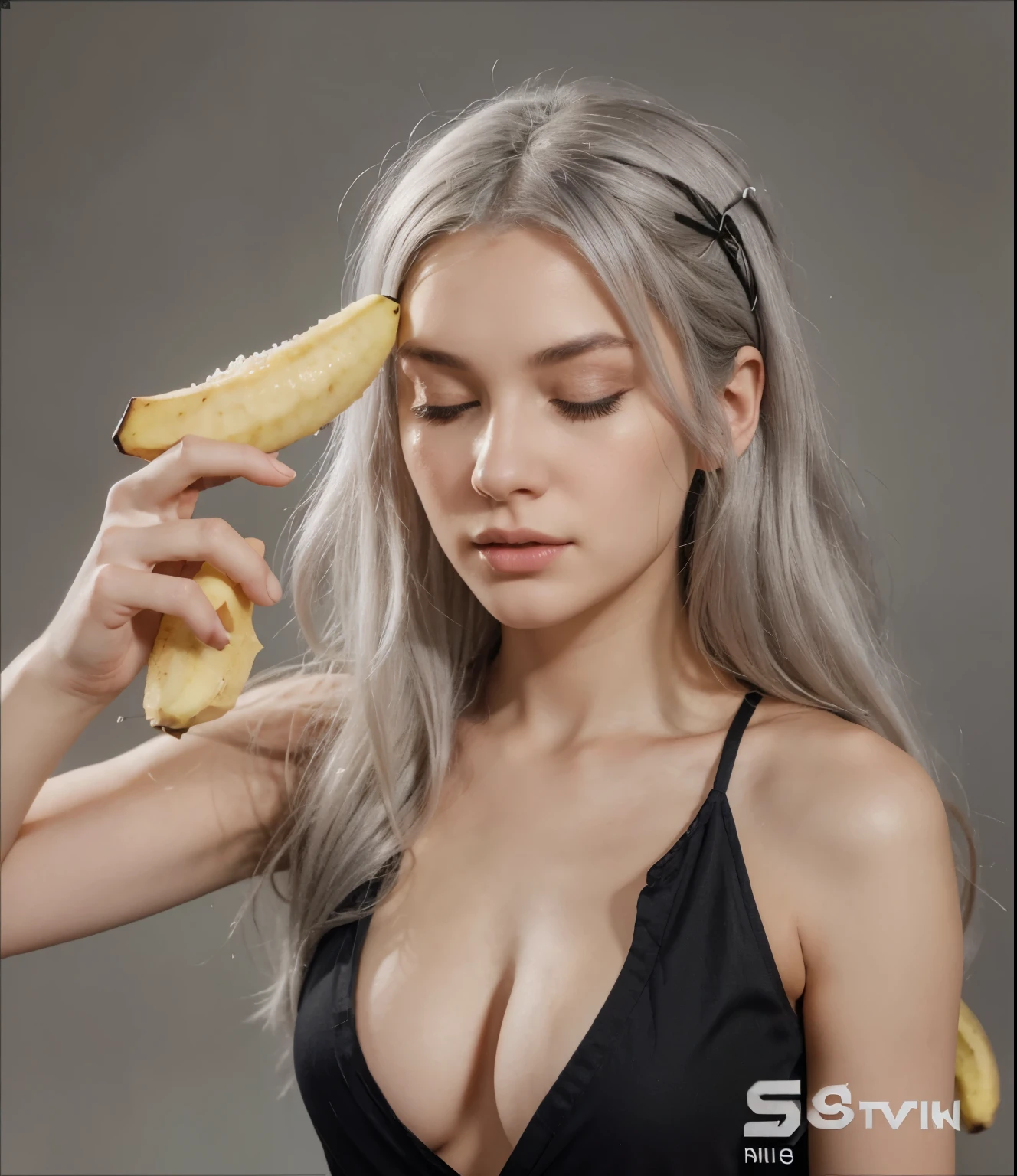 A young woman with her eyes closed, pointing a banana at her head and pulling the trigger. She has long gray hair and is wearing a black blouse. The background is neutral, emphasizing the dramatic action of the scene.masterpiece, best quality, official art, Extremely detailed CG unified 8k wallpaper, Very detailed, illustration,white hair,