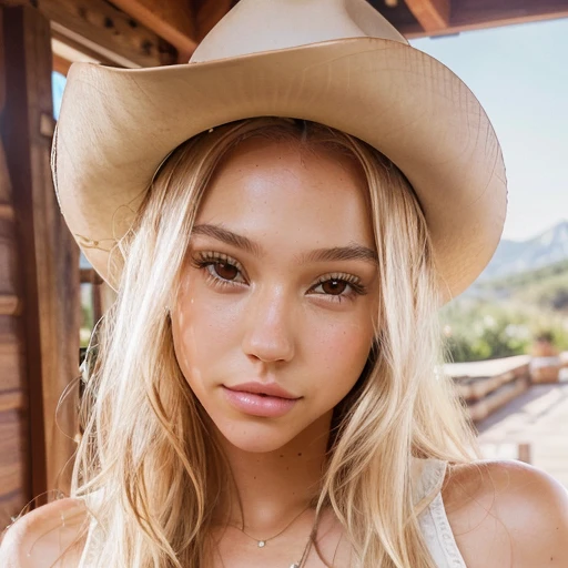 Realistic photo of a beautiful 18 year old ALEXIS-REN, (best quality,ultra-detailed,realistic:1.2),beautiful detailed eyes,beautiful detailed lips,blonde hair,
Wearing a cowgirl outfits, very realistic phtograpy, photoreal.