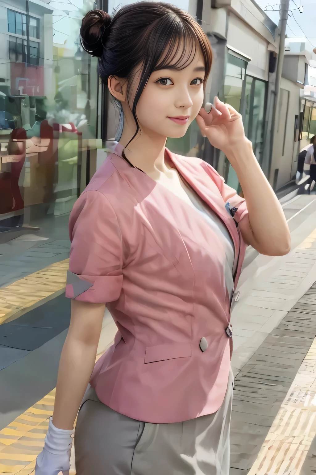 (masterpiece:1.2, highest quality:1.2), 32K HDR, High resolution, (alone、1 girl)、（On the rooftop of a building in the daytime、Professional Lighting）、Building rooftop background、（Nankai train crew uniform pinkを着たリアルスタイル）、（Nankai train crew uniform pink short sleeve pink jacket、Nankai Train Crew Uniform Pink Collarless Short Sleeve Blouse、Nankai Train crew uniform pinkのグレー色のキュロットスカート）、Dark brown hair、（Hair tied up、Hair Bun、Hair Bun）、Dark brown hair、Long Shot、Big Breasts、Thin legs、（（Great hands：2.0）），（（Harmonious body proportions：1.5）），（（Normal limbs：2.0）），（（Normal finger：2.0）），（（Delicate eyes：2.0）），（（Normal eyes：2.0））)、smile、（Nankai Train crew uniform pinkのグレー色のキュロットスカートを見せた美しい立ち姿）、Put your hands down、I have nothing in my hands