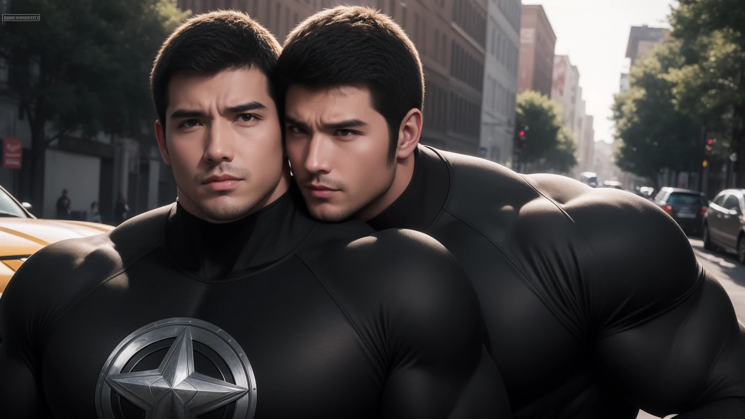 Super muscular man hugging, Open mouth and scream,Look at each other affectionately,They hugged each other affectionately,Buzz Cut,On the old-style outdoor street under the hot sun, Wear a long-sleeved, deep turtleneck bodysuit, Thickened warm elastic texture,Clothes are very dirty with mud stains,The expression is arrogant, Thick thighs, Messy hair, Thick thighs, High-necked long-sleeved dark yellow high-necked tights, very tight, Regular symmetrical pattern, Highlight muscles, Police uniform pants, character concept(Resident Evil - Chris Redfield, Chris Redfield)A proud expression, Deep and charming eyes, Heroic male pose, tall Burly, muscular!muscular thighs, tough guy, perfect facial features, High, Burly, Heqiang, Super polished and cool, High Resolution Committee, Charismatic, The sun is blazing, dazzling