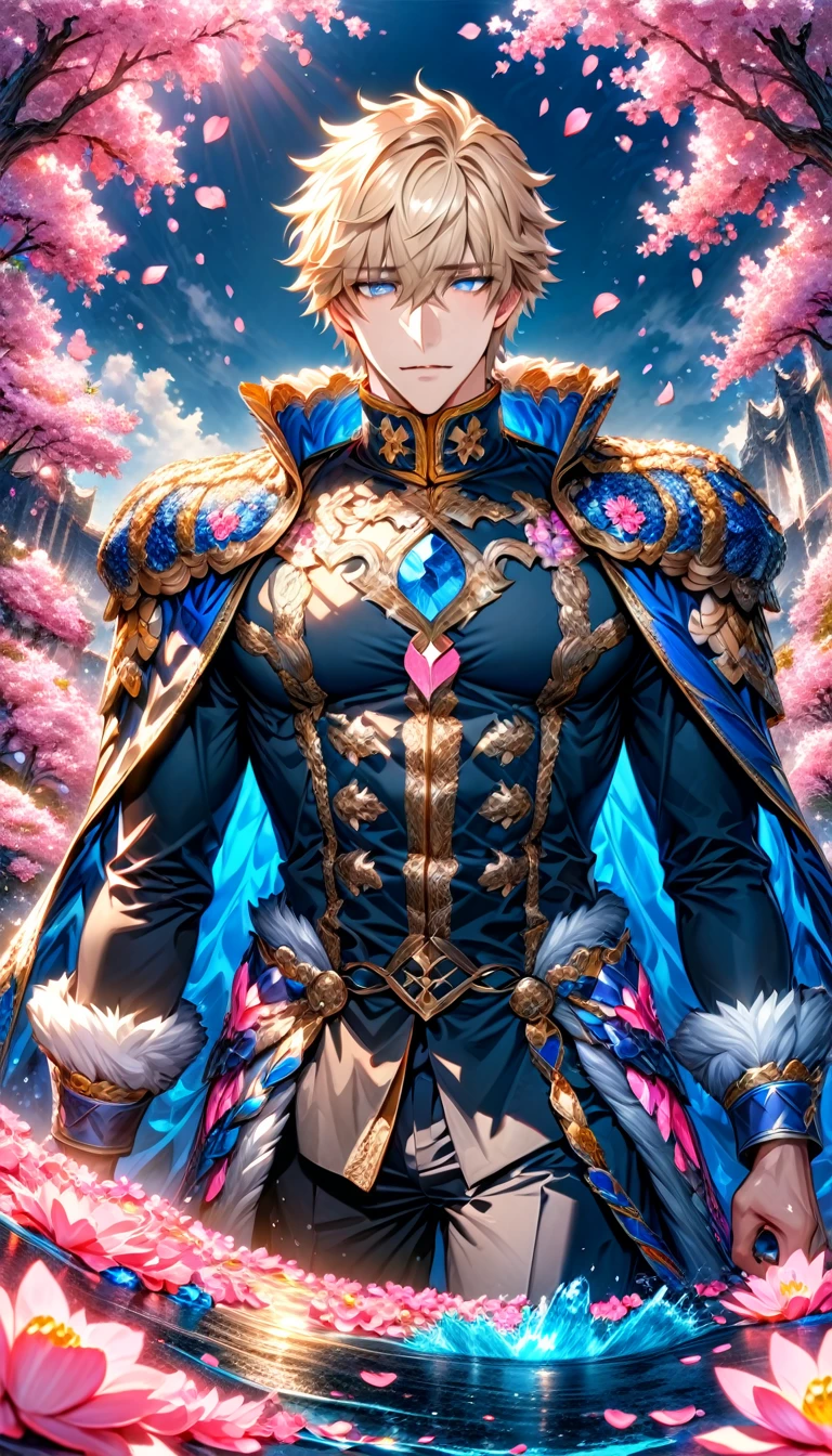 absurdres, highres, ultra detailed, HDR, master piece, best quality, Gawain, ash-blonde hair, expressive blue eyes, fate grand order, solo, sexy man, handsome, blue cape with white fur, black shirt, water, pink flowers, pink blossoms, pink butterflies, pink petals