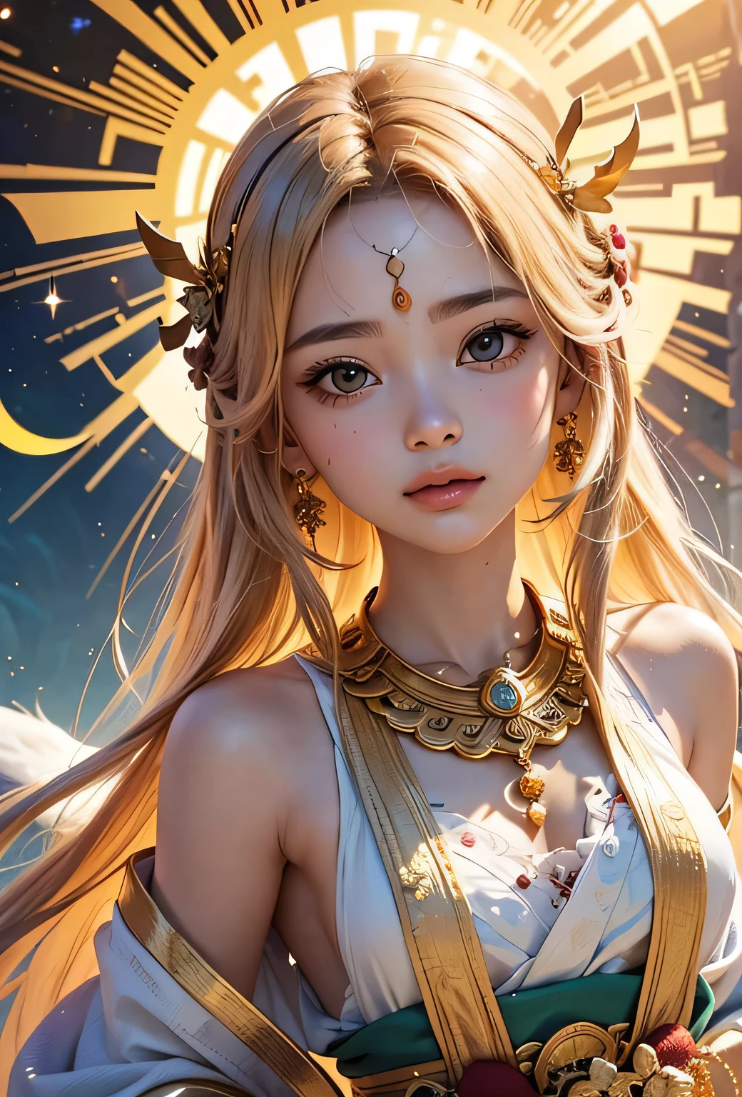 "Child of the Sun, Goddess of Love": Within a sacred sanctuary bathed in sunlight, depict the figure of a sun goddess who governs love, facing forward and emanating divine radiance. She is a , around 3 . Zoom in to focus on her face, with a gleaming orb of light in her hands, representing the life-giving power of the sun. Her hair is shimmering gold, and she is wearing a traditional miko outfit as seen in Japanese shrines. The background should be predominantly gold, evoking a sense of divine splendor, with numerous heart-themed objects expressing the beauty of love. The setting is in heaven, enveloped in soft, bright light, where one can find tranquility and peace of mind, free from any trace of anxiety.