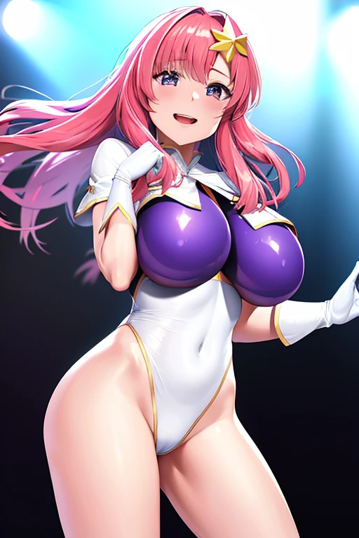 highest quality、High Resolution、Mia Campbell、One girl、星のhair ornaments、hair ornaments、Pink Hair、Hair length、gloves、Leotard Purple Leotard、White leotard、Huge boobs、Cowboy Shot、On Stage、Angle from the front