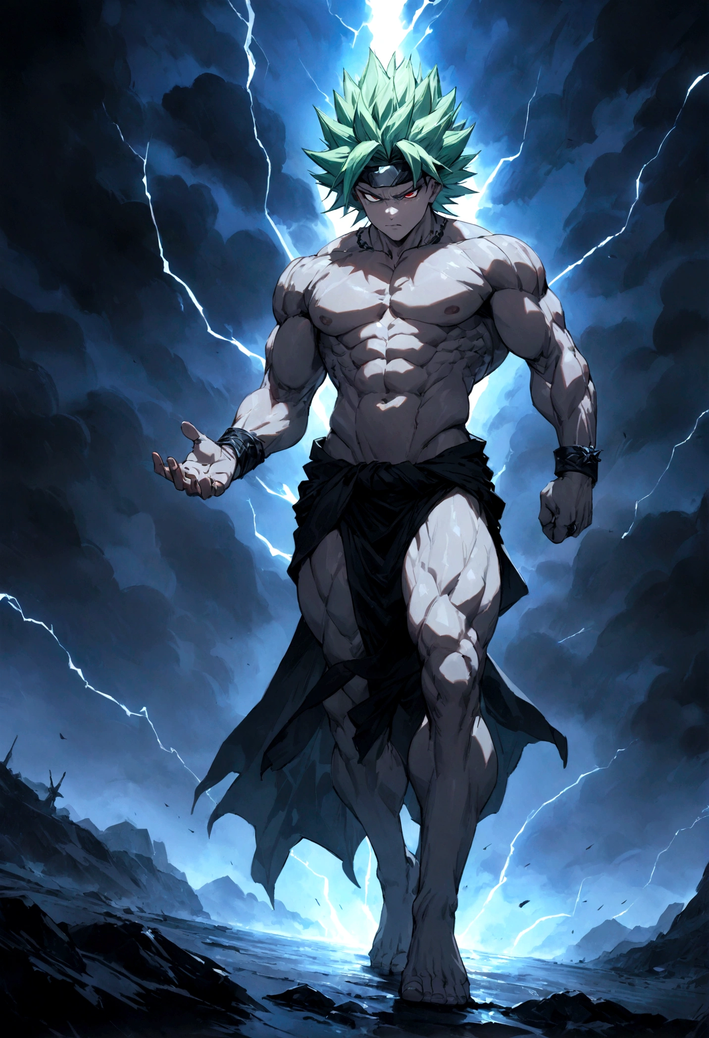 "(Best Quality,4K,8k,High resolution,masterpiece:1.2),Ultra-detailed,, Manga art wearing a headband、whole body、Forehead protector、Intense thunder、Stormy Night、male, Ivory skin, Thor、whole body、Wear a red loincloth around your waist、Green Hair、White trousers、Super Saiyan、Messy hair, green, spiky hair, sharp eyes, Grey Iris, Wear a black coat, Naked torso, Muscular body, Sports Body, Sharp jaw line, Glare, Cold and mysterious personality, whole body, Sports Body, 8k, detailed feature, Very handsome, Dreamy look, Bright lighting, Lightning Background, Intense thunder、Stormy Night、whole body、Gives off an intense aura、big ring on the back、Carrying a ring