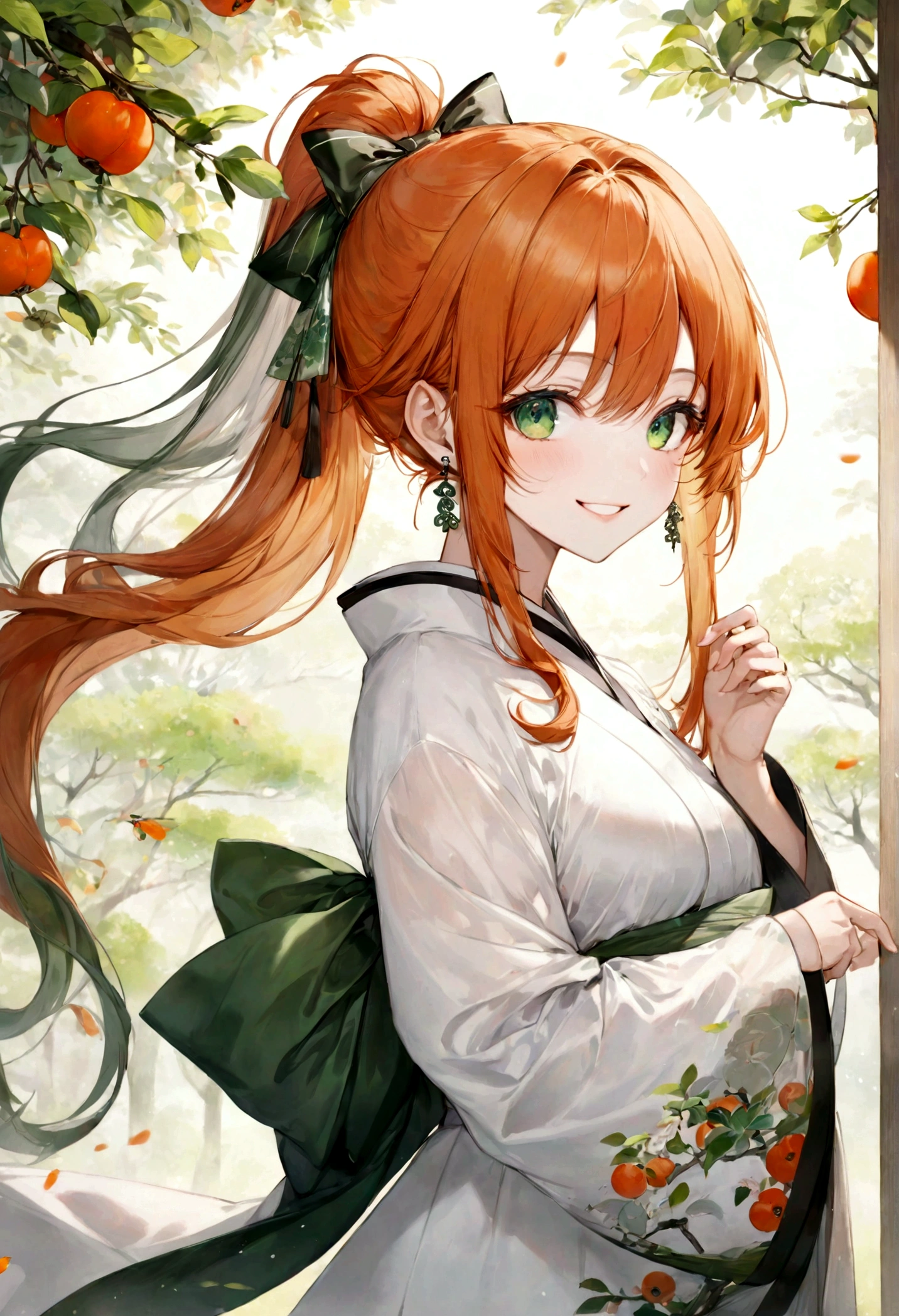 ((top-quality)), ((masterpiece)), ((ultra-detailliert)), (extremely delicate and beautiful), bright orange hair, long straight hair, long ponytail, spring green eyes, persimmon trees in the background, wuxia styled robes, sheer white sleeves, white robes with persimmon patterns, mischievous smile, beautiful woman, cheerful, big dark green satin bow hair tie, red earrings