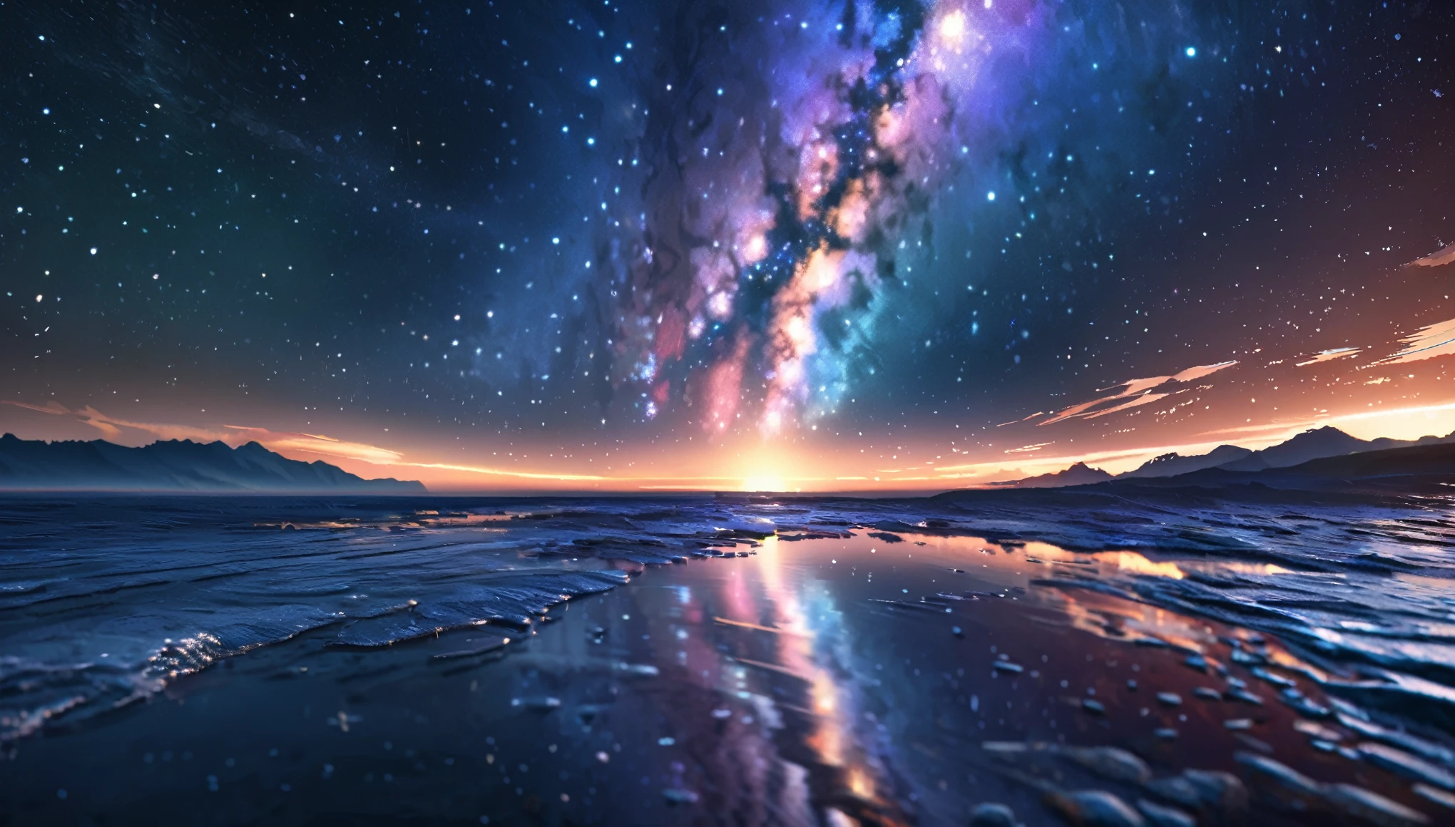 scenery, ultra detailed, 8k, starry, nebula, horizon, reflective water surface