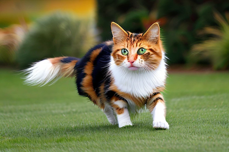   bard's view,  looking at viewer,   Japanese   pretty , cute, beautiful, corrected- body, Male calico cat, running、Wearing a collar、Being on the lawn, 
