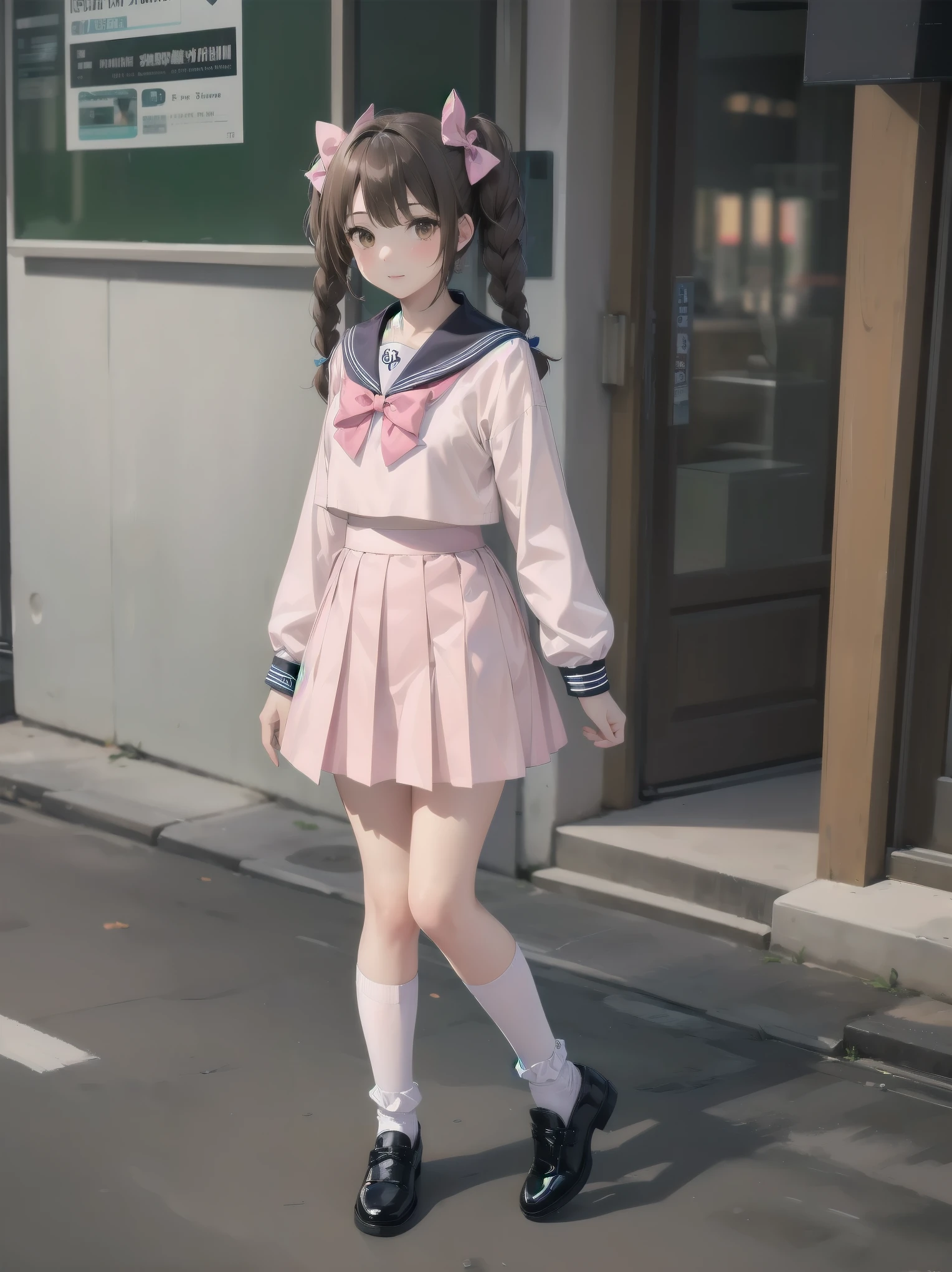 1girl, solo, looking at viewer, skirt, brown hair, shirt, long sleeves, bow, twintails, brown eyes, , full body, shoes, socks, sailor collar, black footwear, twin braids, cosplay, blue bow, white socks, pink skirt, photo background, pink sailor collar