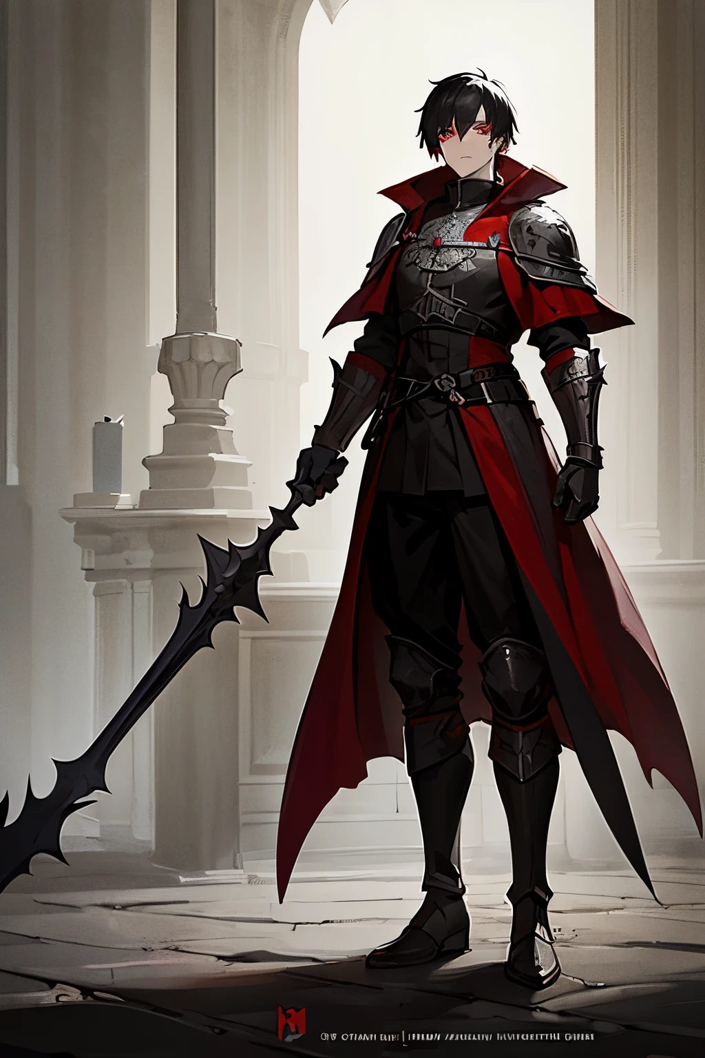 a medieval warrior, man with black hair, red eyes, medieval armor, gothic, gothic architecture in the background, gloomy fog covering the place, a cape and red hood over the armor, iron boots, full body, best quality, artwork cousin