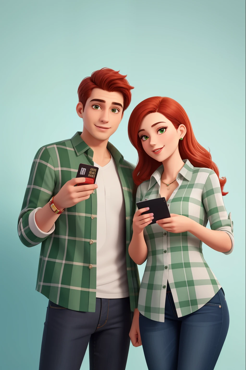 happy business couple, with a credit card in his hand, cabelo curto, green checkered shirt and jeans, She is wearing a green checkered shirt, red hair smartphone in hand, good quality, no defects in the hands