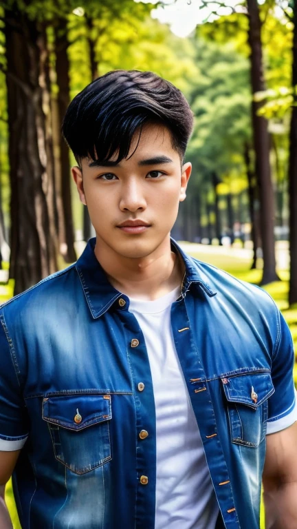 An Araf man wearing jeans and a white T-shirt stands in the park., Handsome Chad Chin, South Korean man, Damian Tran, Asian man, Darren Quach, Headshot profile picture, Hong Jun Hyung, Inspired by Kim Myong Kook, Rick Dai, Inspiration from Junggeun Lee, Ryan Jia, Reuben Wu, Yanjun Chengt