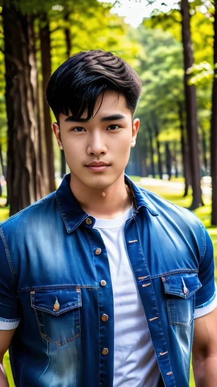 An Araf man wearing jeans and a white T-shirt stands in the park., Handsome Chad Chin, South Korean man, Damian Tran, Asian man, Darren Quach, Headshot profile picture, Hong Jun Hyung, Inspired by Kim Myong Kook, Rick Dai, Inspiration from Junggeun Lee, Ryan Jia, Reuben Wu, Yanjun Chengt