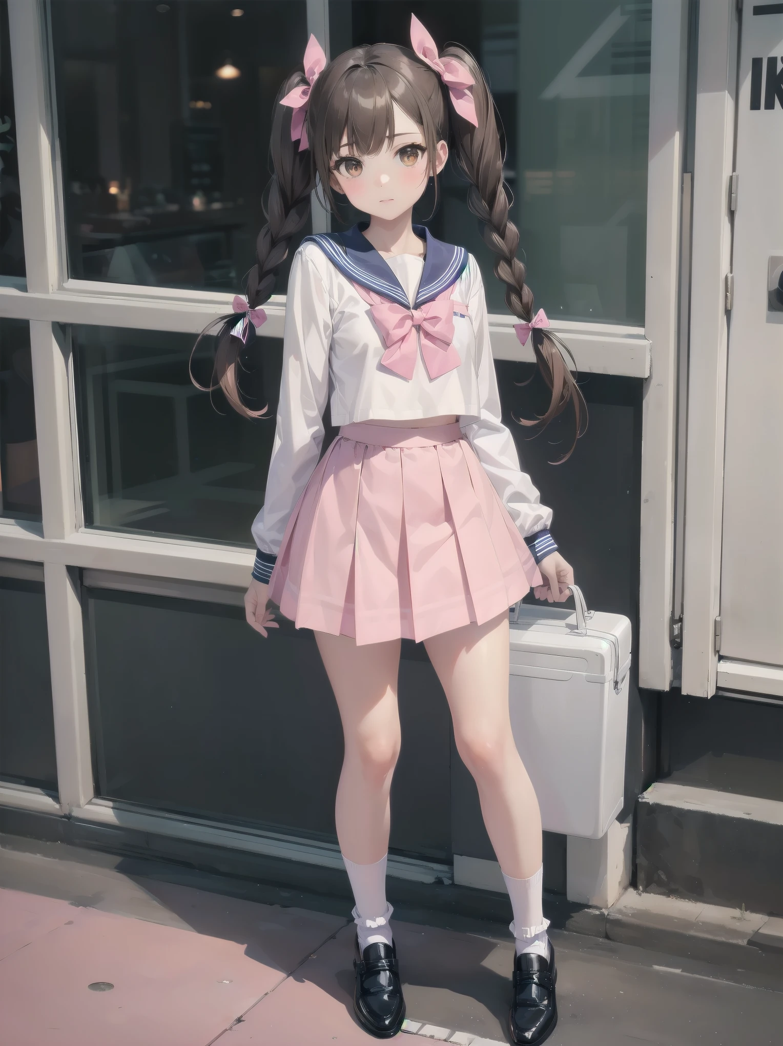 1girl, solo, looking at viewer, skirt, brown hair, shirt, long sleeves, bow, twintails, brown eyes, , full body, shoes, socks, sailor collar, black footwear, twin braids, cosplay, blue bow, white socks, pink skirt, photo background, pink sailor collar