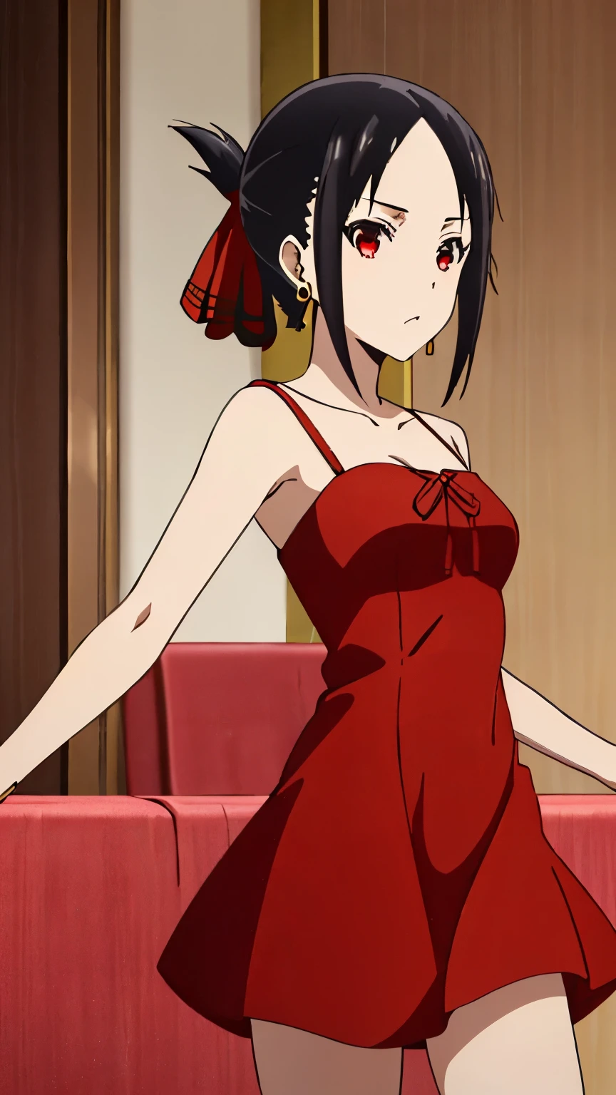 (best quality, masterpiece, 8k:1.2), detailed,
shinomiya kaguya,1girl, solo, black hair, red eyes, short hair, folded ponytail, red hair ribbon, (sparkly dress, mini dress, red dress,slim body, youthful, earrings, venue),
looking at the viewer, medium breasts, dynamic Angle,